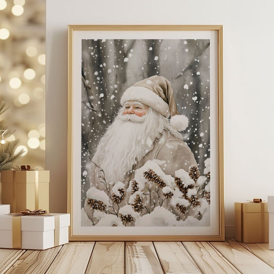 Nisse med brun lue og hvitt skjegg står blant snødekte grener med kongler i vinterlandskap. Illustrasjon viser plakat med hvit kantlinje i eik ramme.