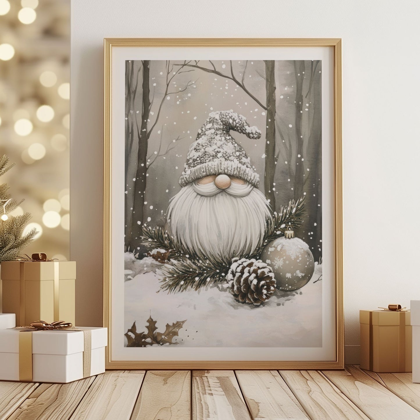 Nisse med snø i skjegget sitter omgitt av furukvister, kongle og julekule i et snødekt vinterlandskap. Illustrasjon viser plakat med hvit kantlinje i eik rmme.