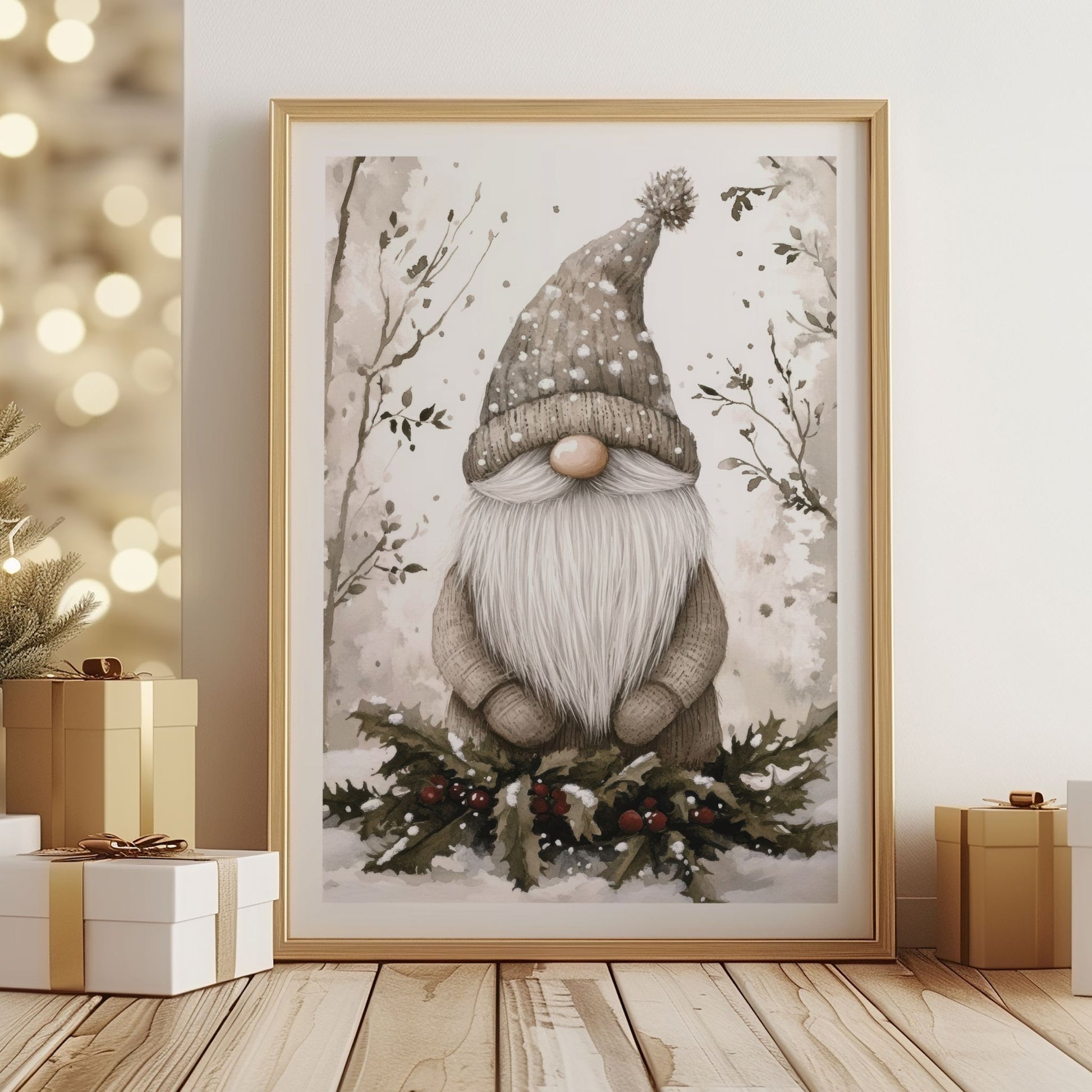 Nisse med stor grå lue og langt skjegg står i snøen, omgitt av vintertrær. Illustrasjon viser plakat med hvit kantlinje i eik ramme.