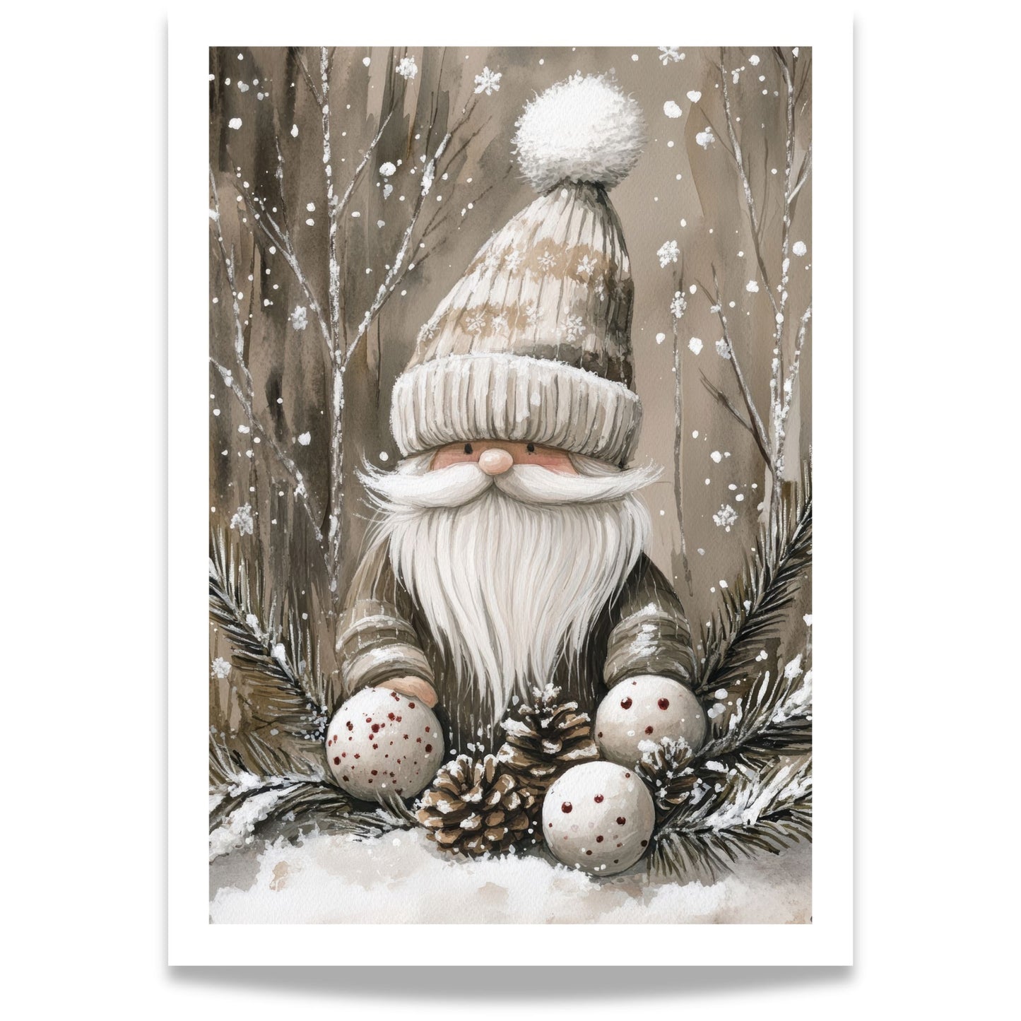 Nisse med lysegrå lue står i snøen med julekuler og kongler.