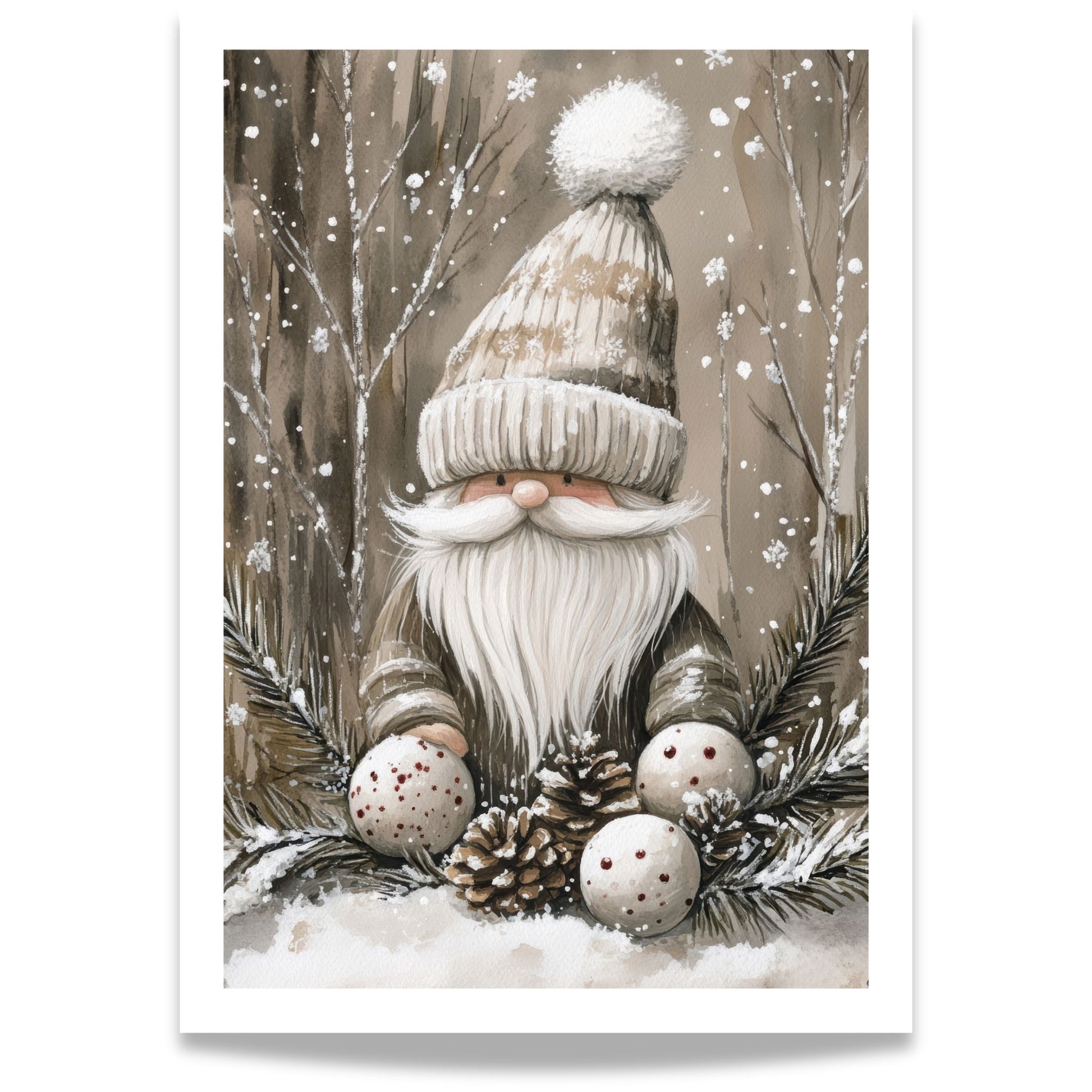 Nisse med lysegrå lue står i snøen med julekuler og kongler.