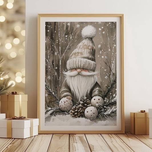 Nisse med lysegrå lue står i snøen med julekuler og kongler. Illustrasjon viser plakat med hvit kantlinje i eik ramme.