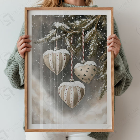 To lyse tekstilhjerter med mønster henger fra snødekt granbar, lett snødryss i bakgrunnen. Illustrasjonen viser plakat med hvit kantlinje i eik ramme.