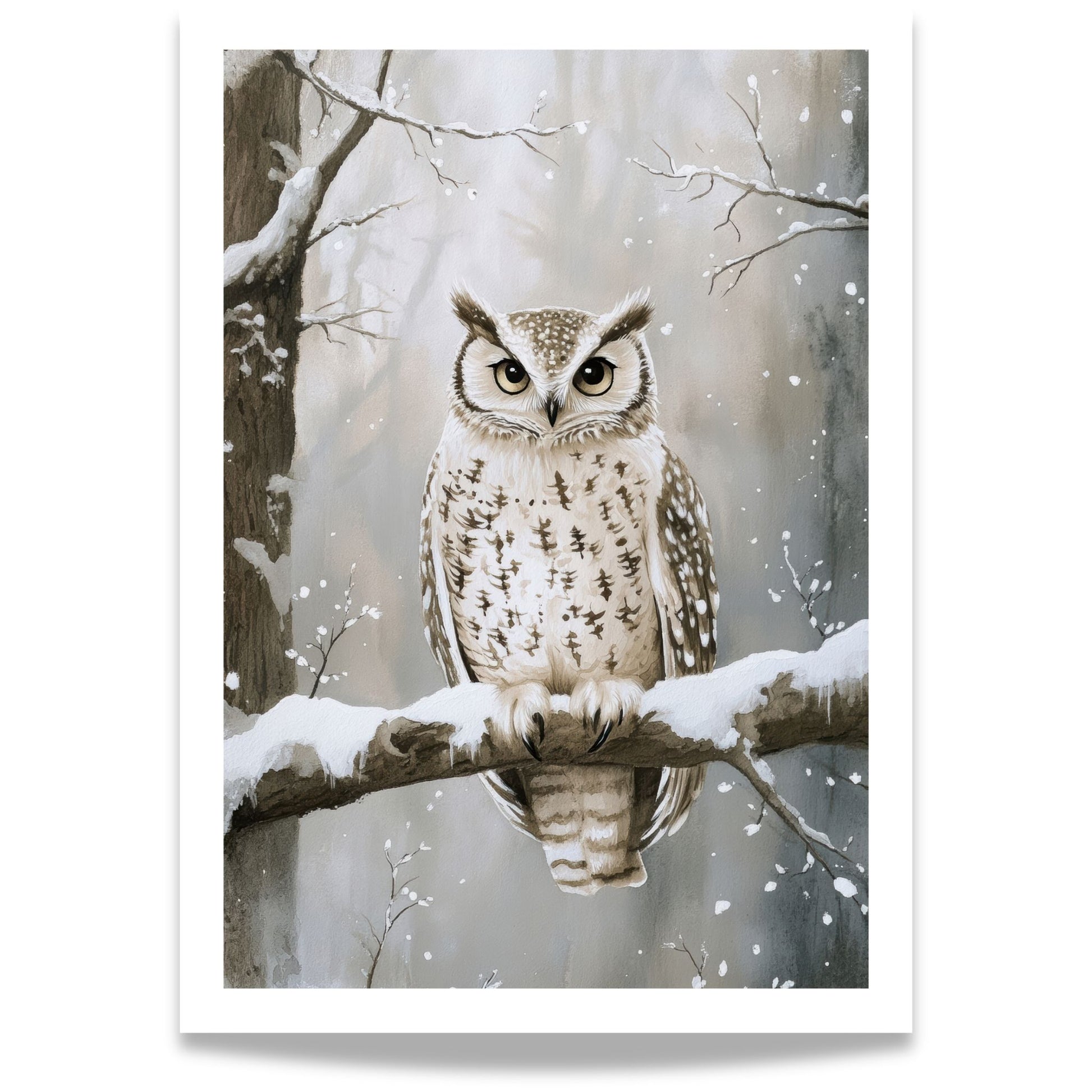 Ugle sitter på en gren i et vinterlandskap, omgitt av snø og trær.