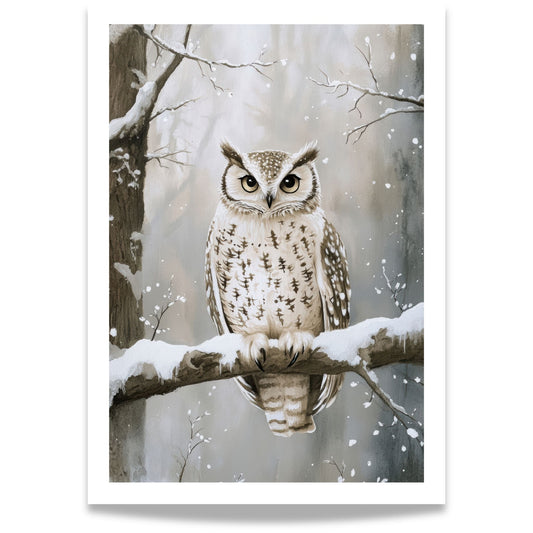 Ugle sitter på en gren i et vinterlandskap, omgitt av snø og trær.