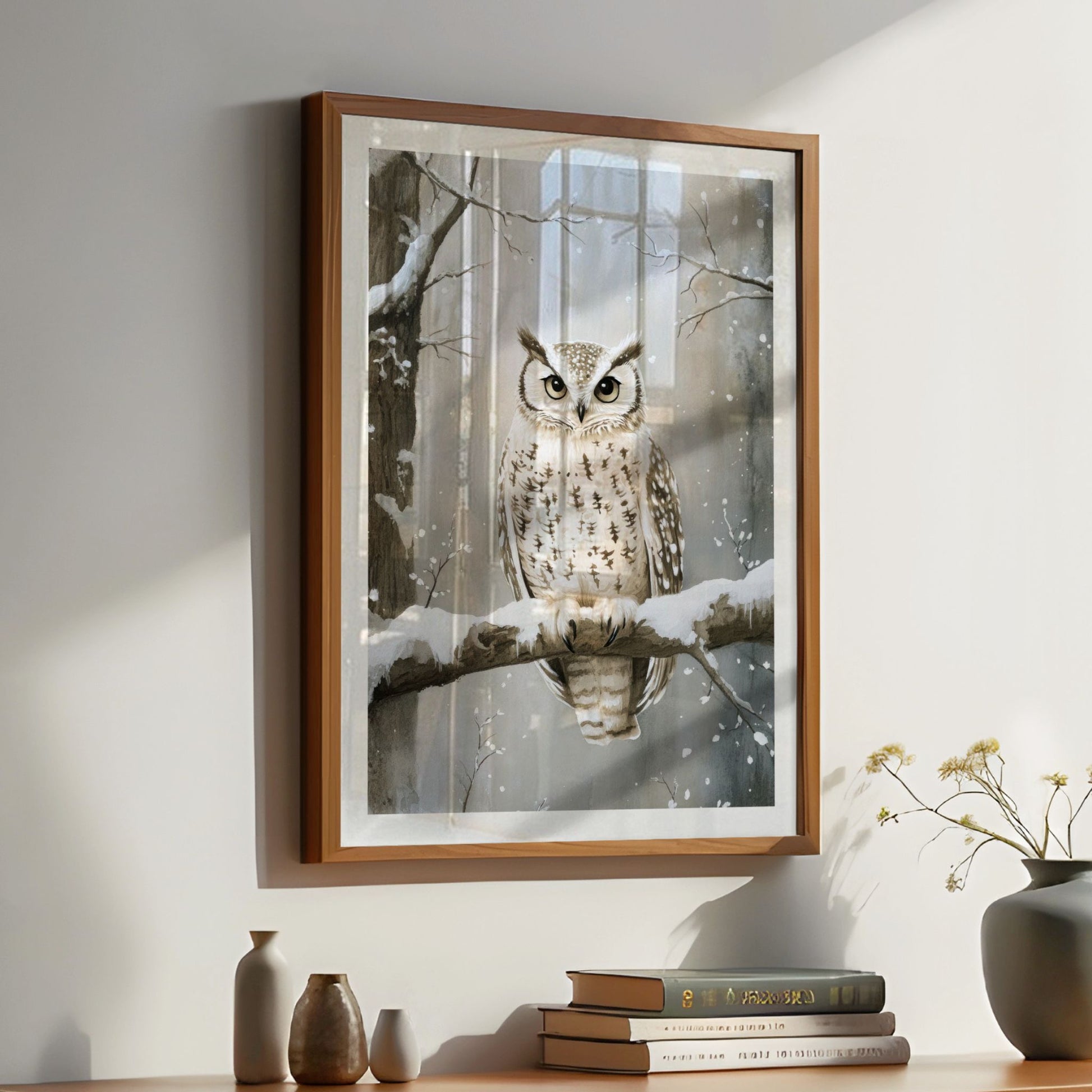 Ugle sitter på en gren i et vinterlandskap, omgitt av snø og trær. Illustrasjon viser plakat med hvit kantlinje i eik ramme.