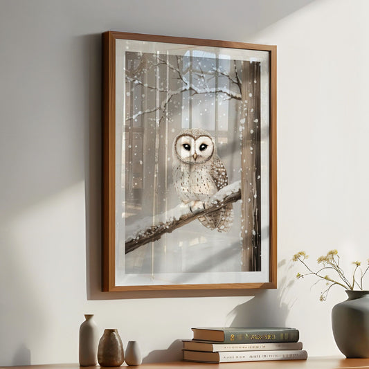 Ugle på gren i et vinterlandskap, med tåkete bakgrunn og snø på trærne. llustrasjon viser plakat med hvit kantlinje i eik ramme.