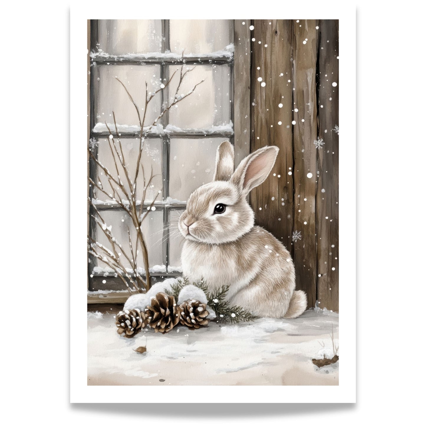 Kanin sitter i snøen blant kongler og grener, omgitt av snødekte trær.