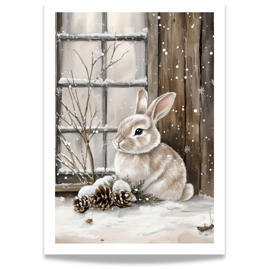 Kanin sitter i snøen blant kongler og grener, omgitt av snødekte trær.