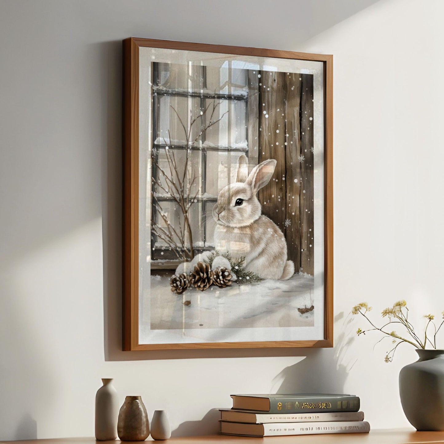 Kanin sitter i snøen blant kongler og grener, omgitt av snødekte trær. Illustrasjon viser plakat med hvit kantlinje i eik ramme.