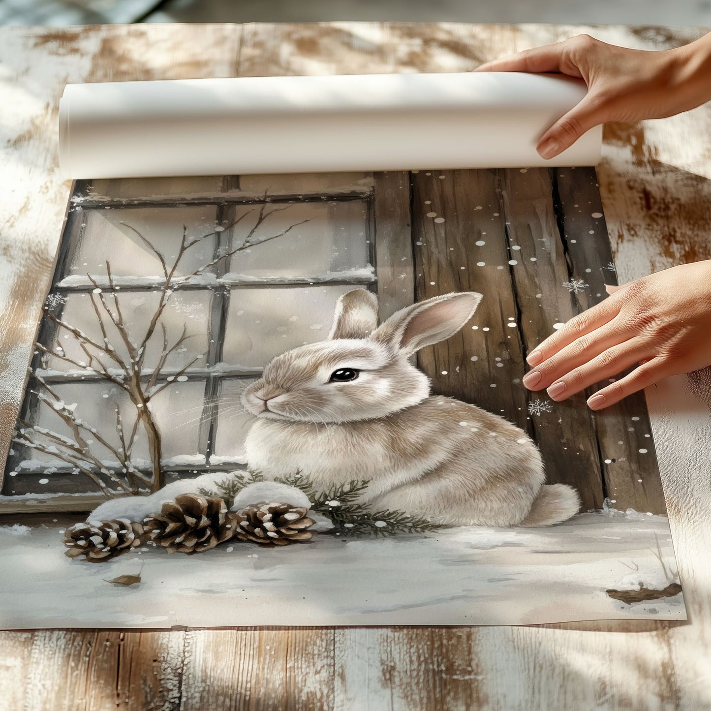 Kanin sitter i snøen blant kongler og grener, omgitt av snødekte trær. Illustrasjon viser plakat uten hvit kantlinje på print.