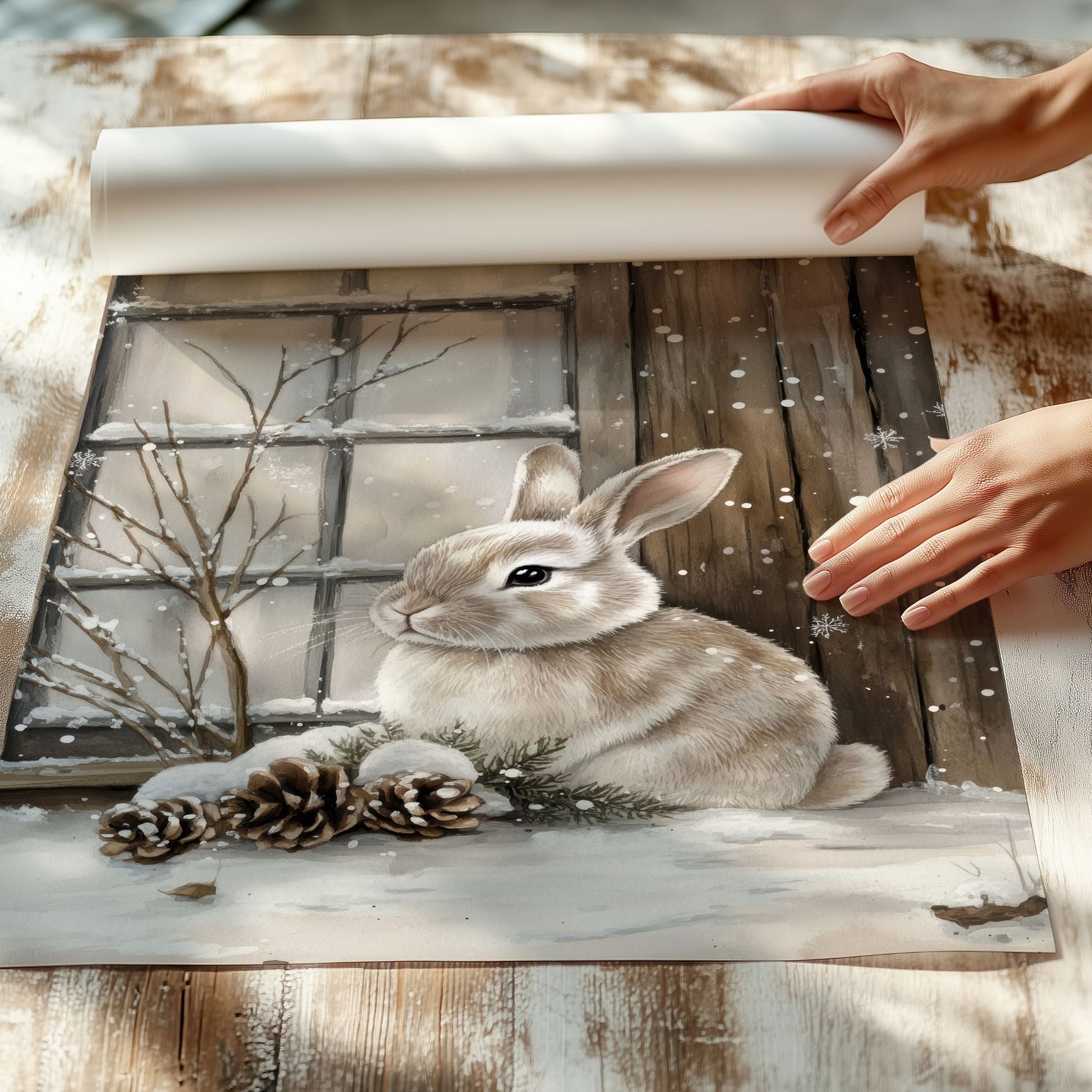 Kanin sitter i snøen blant kongler og grener, omgitt av snødekte trær. Illustrasjon viser plakat uten hvit kantlinje på print.