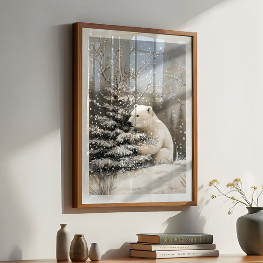 Polarbjørn står i snødekt landskap, omgitt av vintertrær og snø. Illustrasjon viser plakat med hvit kantlinje i eik ramme.