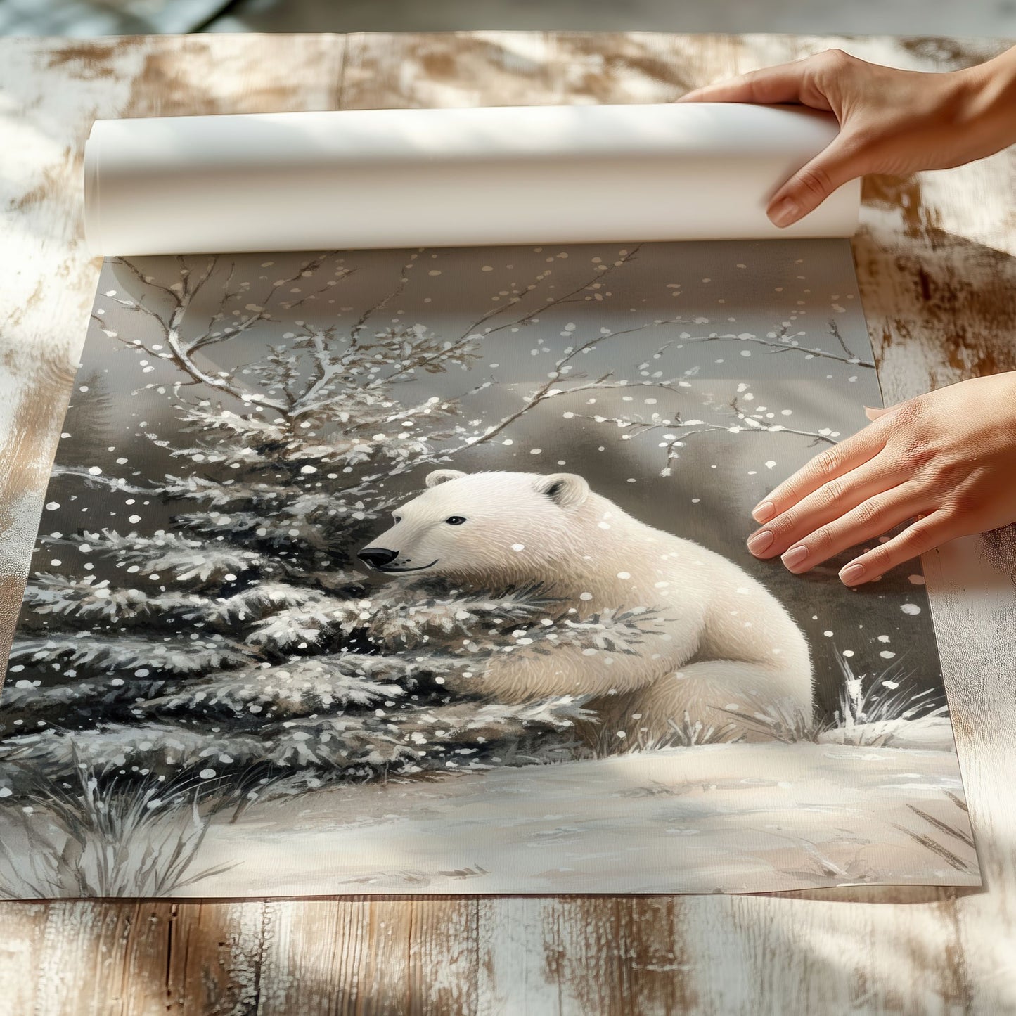 Polarbjørn står i snødekt landskap, omgitt av vintertrær og snø. Illustrasjon viser plakat uten hvit kantlinje på print.