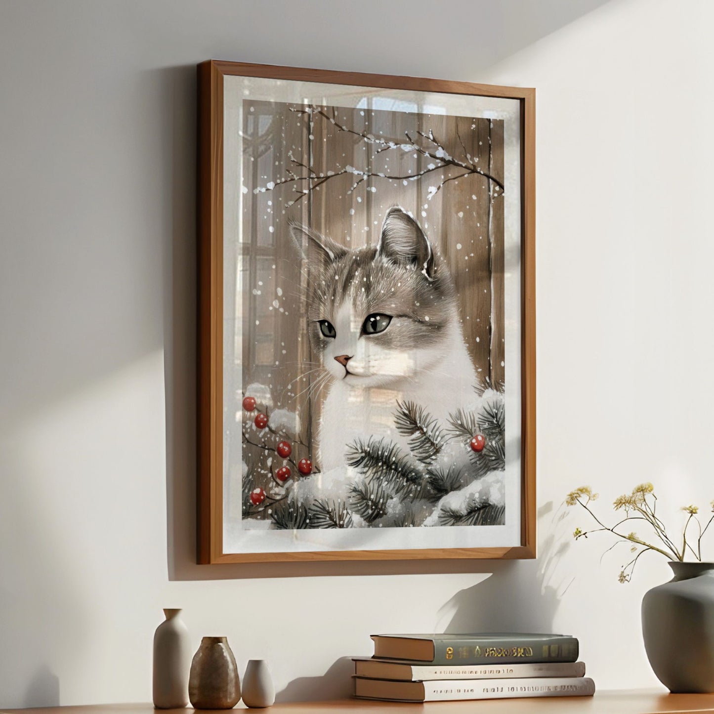 Katt sitter blant vintergrener og røde bær i et snødekt landskap. Illustrasjon viser plakat med hvit kantlinje i eik ramme.