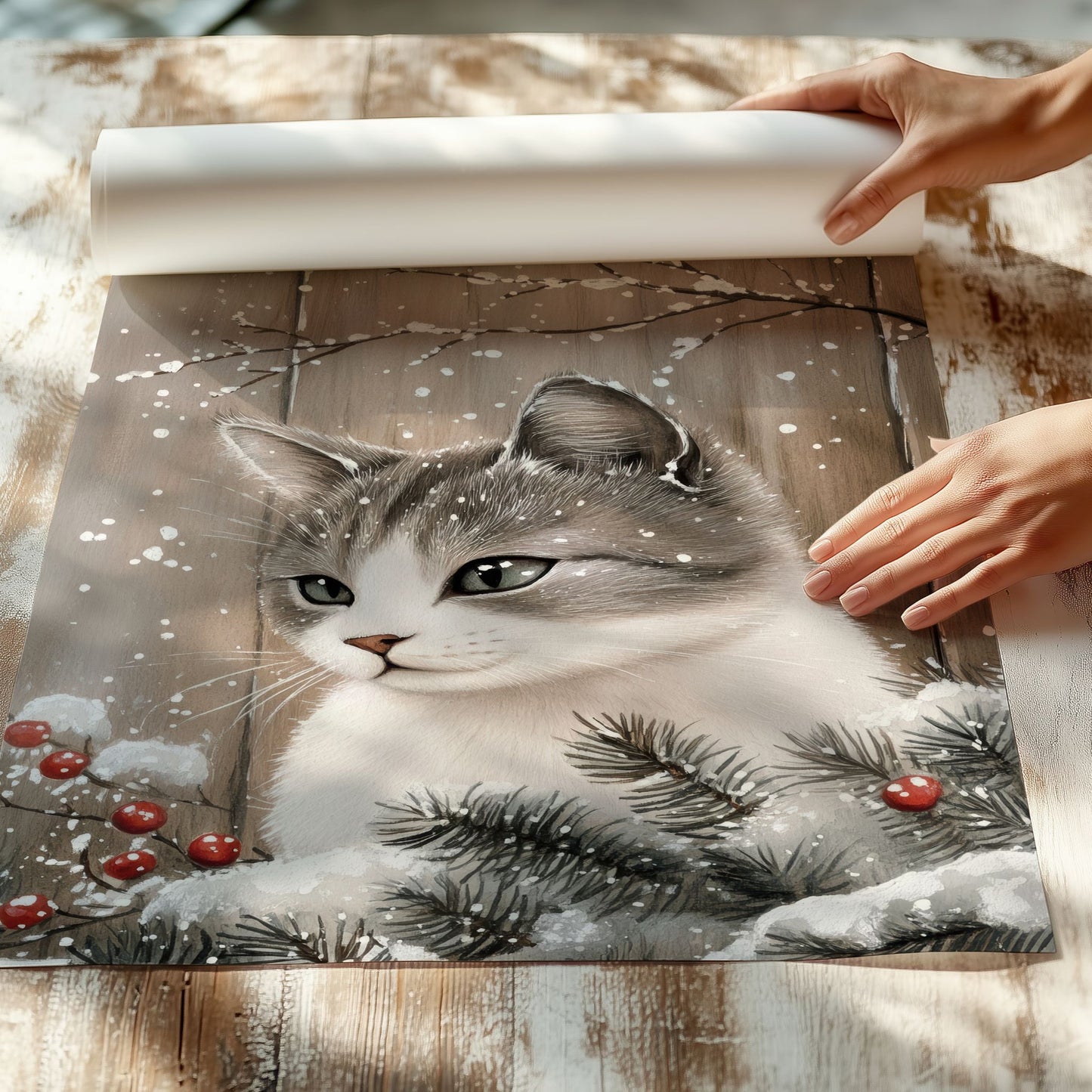 Katt sitter blant vintergrener og røde bær i et snødekt landskap. Illustrasjon viser plakat uten hvit kantlinje på print.