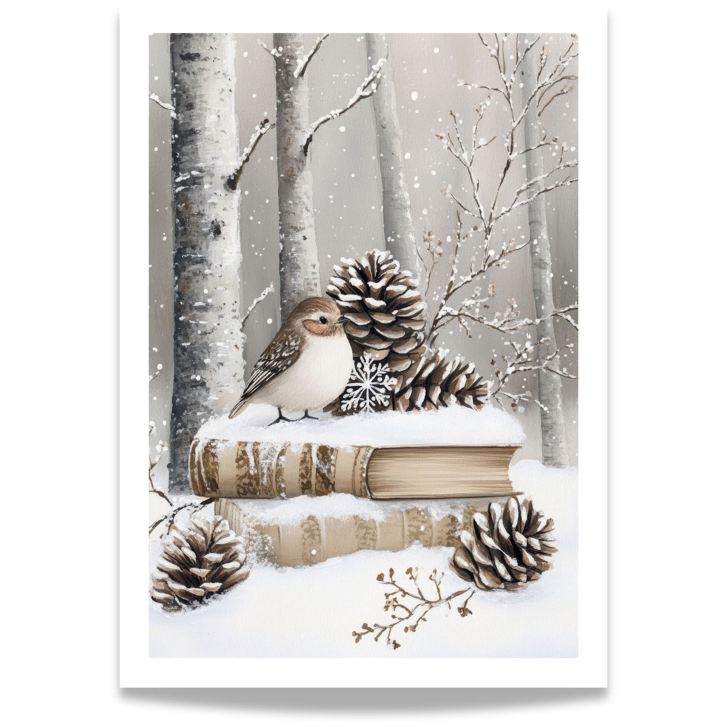 Liten fugl sitter på bøker og kongler, omgitt av snø og trær.