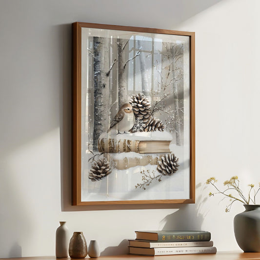 Liten fugl sitter på bøker og kongler, omgitt av snø og trær. llustrasjon viser plakat med hvit kantlinje i eik ramme.