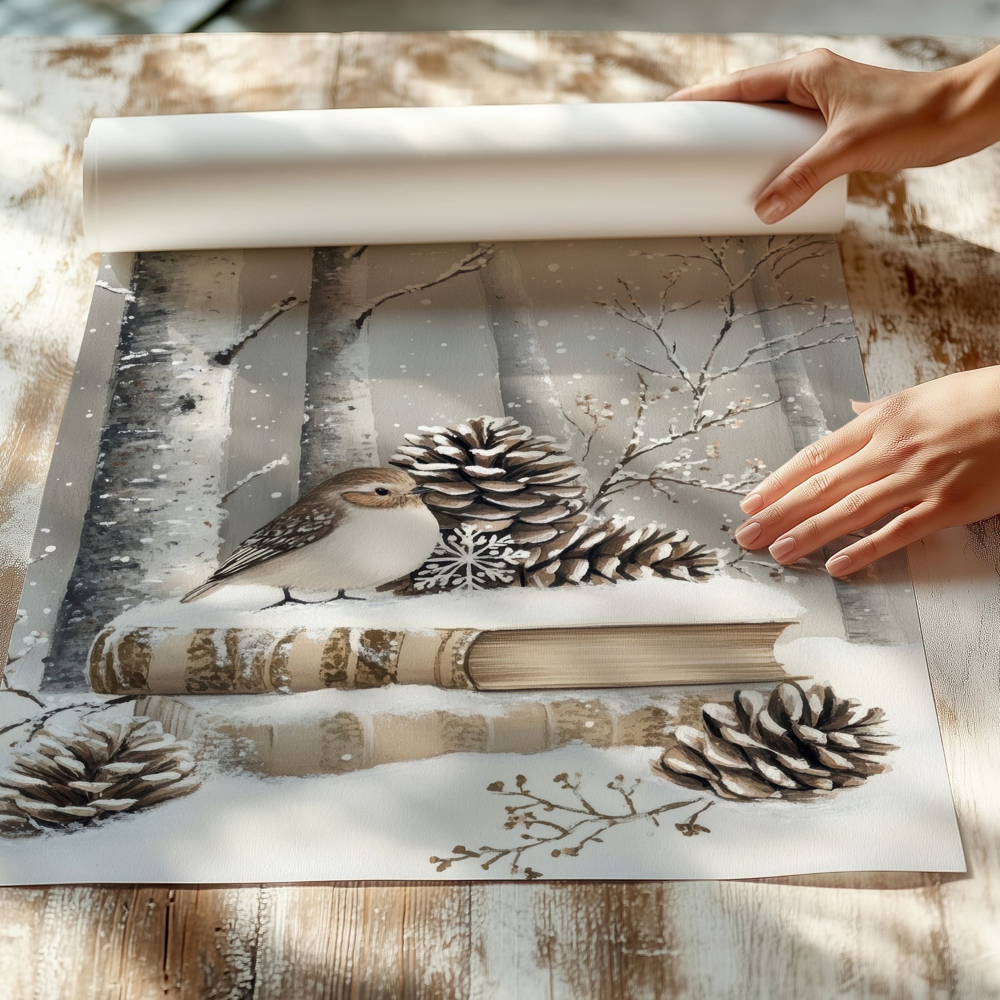 Liten fugl sitter på bøker og kongler, omgitt av snø og trær. llustrasjon viser plakat uten hvit kantlinje på print.