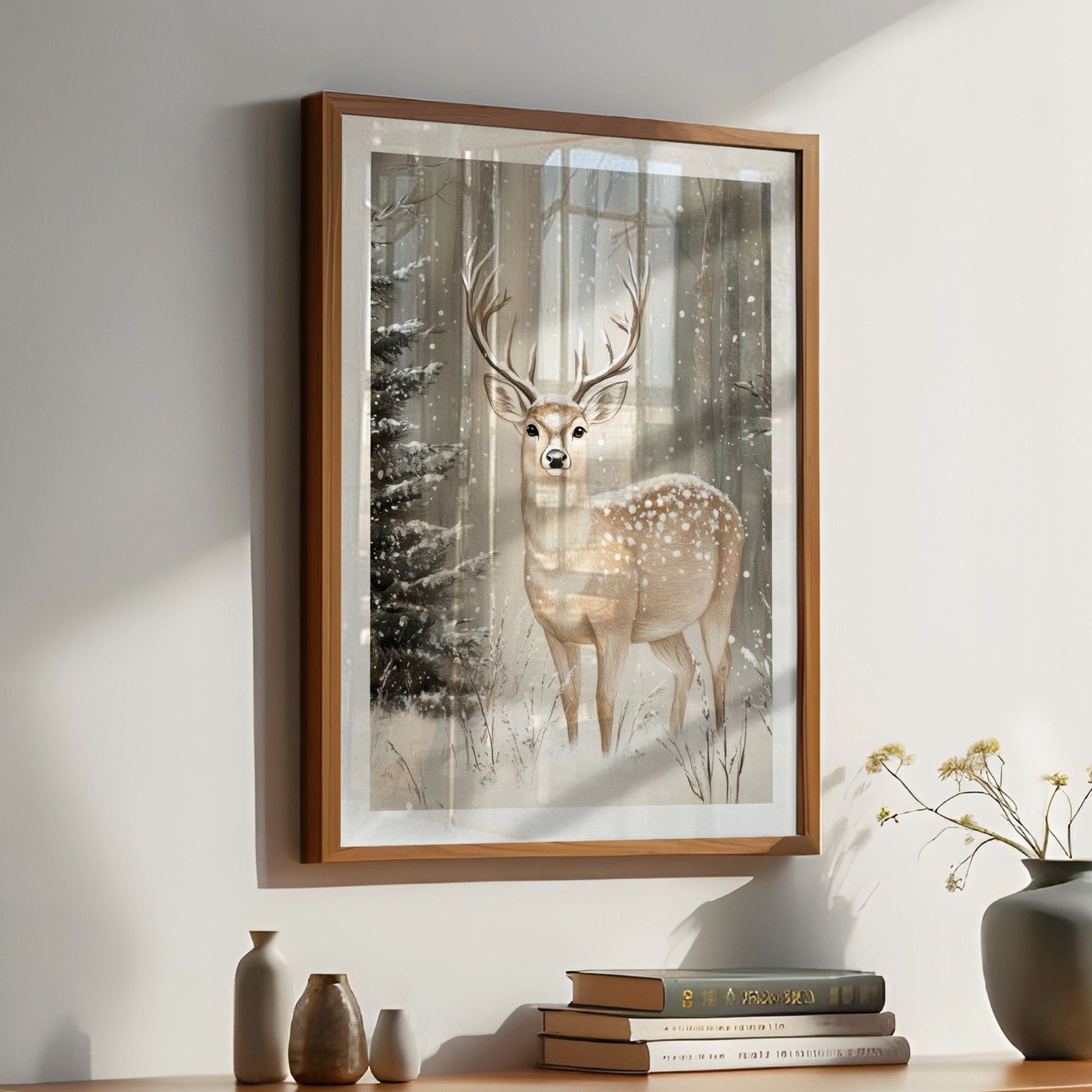 Hjort står i snødekt landskap, omgitt av trær og snø. Illustrasjon vier plakat med hvit kantlinje i eik ramme.