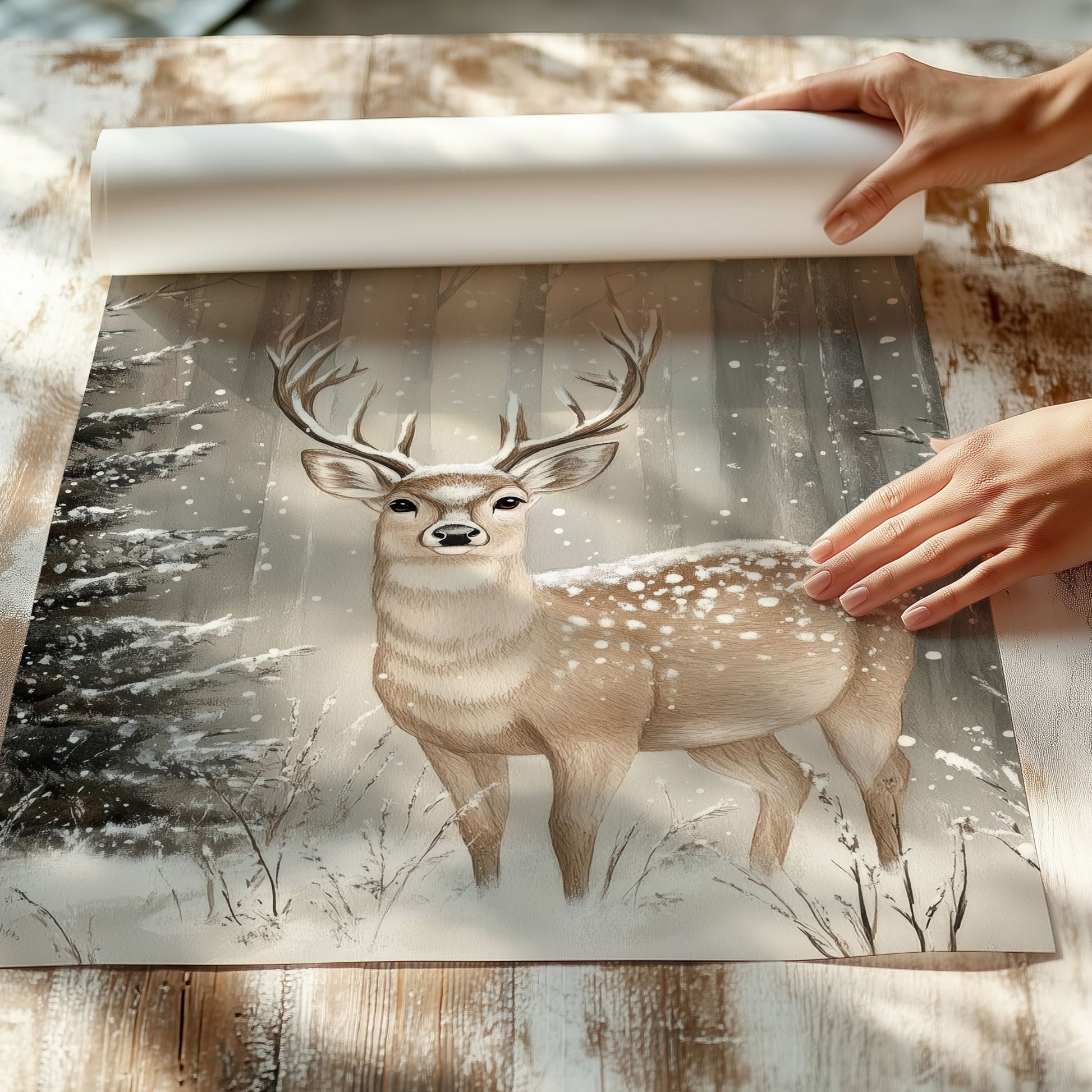 Hjort står i snødekt landskap, omgitt av trær og snø. Illustrasjon vier plakat uten hvit kantlinje på print