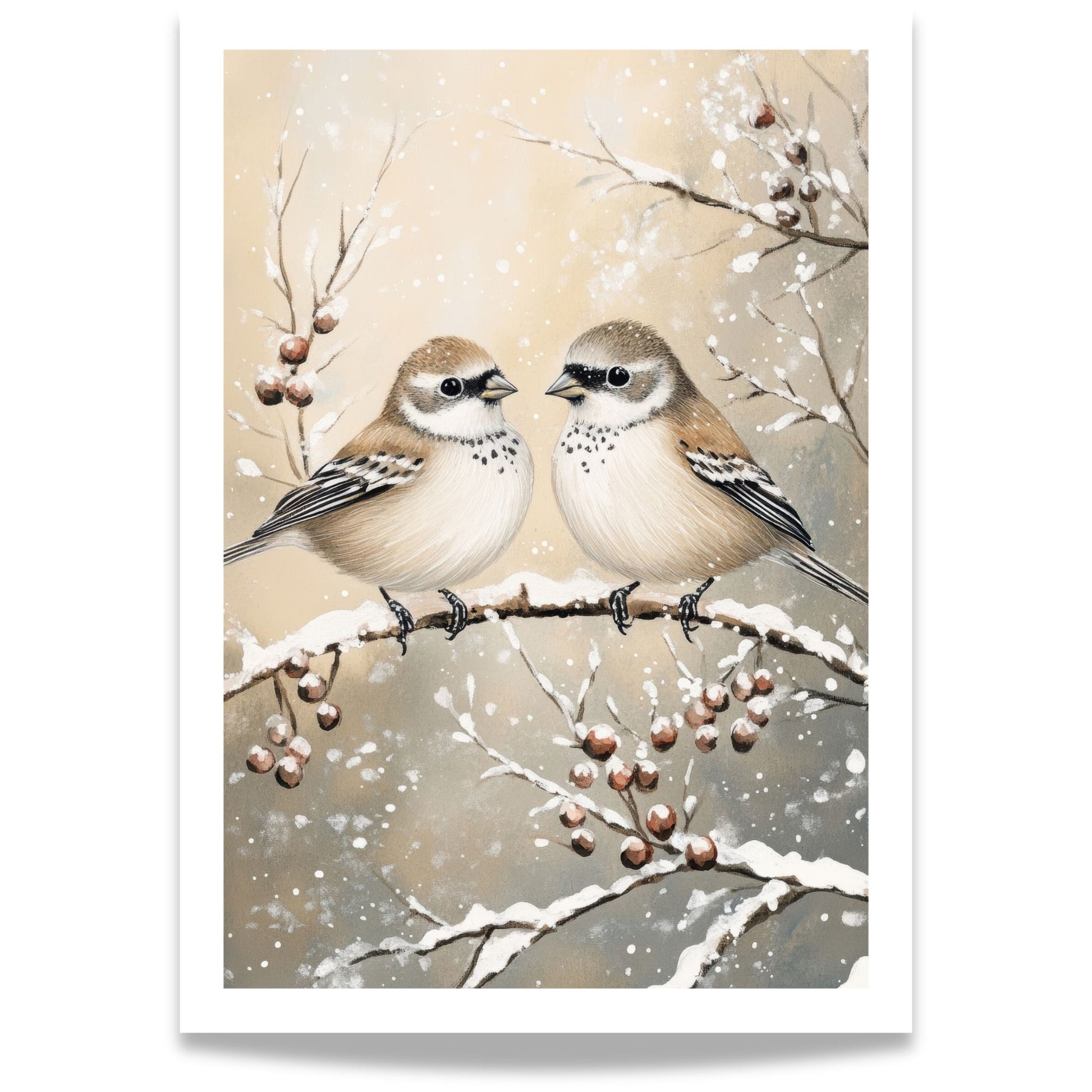 To små fugler sitter på en gren, omgitt av snø og vintergrener.