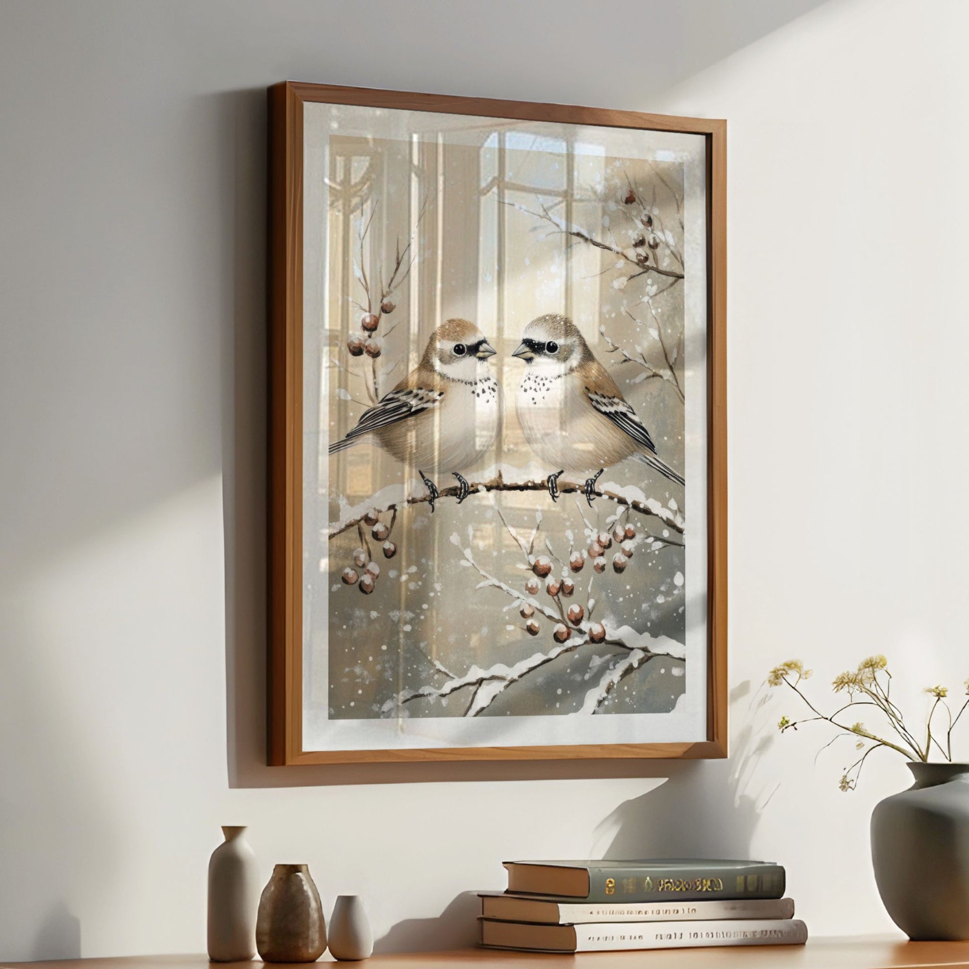 To små fugler sitter på en gren, omgitt av snø og vintergrener. Illustrasjon viser plakat med hvit kantlinje i eik ramme.