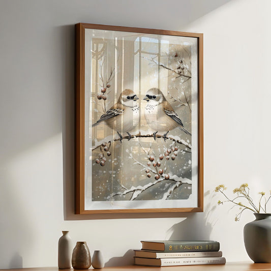 To små fugler sitter på en gren, omgitt av snø og vintergrener. Illustrasjon viser plakat med hvit kantlinje i eik ramme.