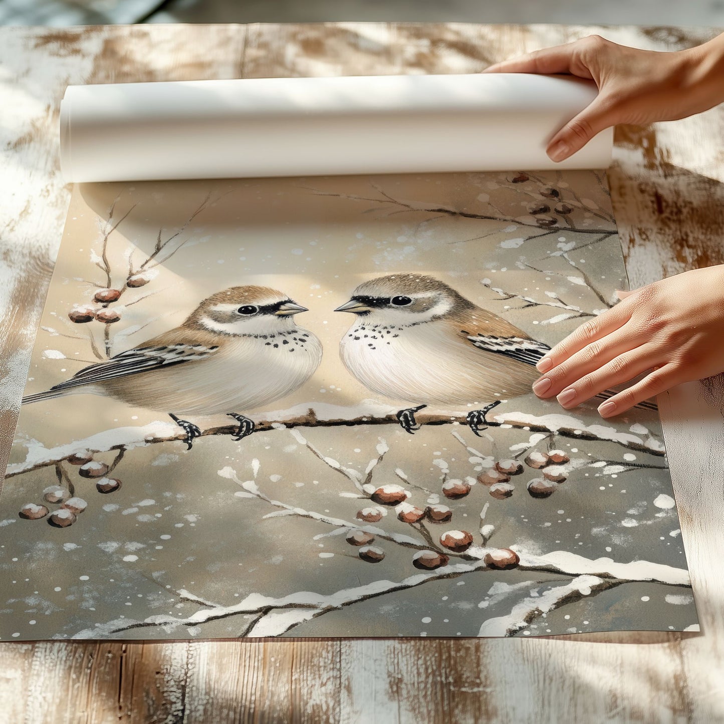 To små fugler sitter på en gren, omgitt av snø og vintergrener. Illustrasjon viser plakat uten hvit kantlinje på print.