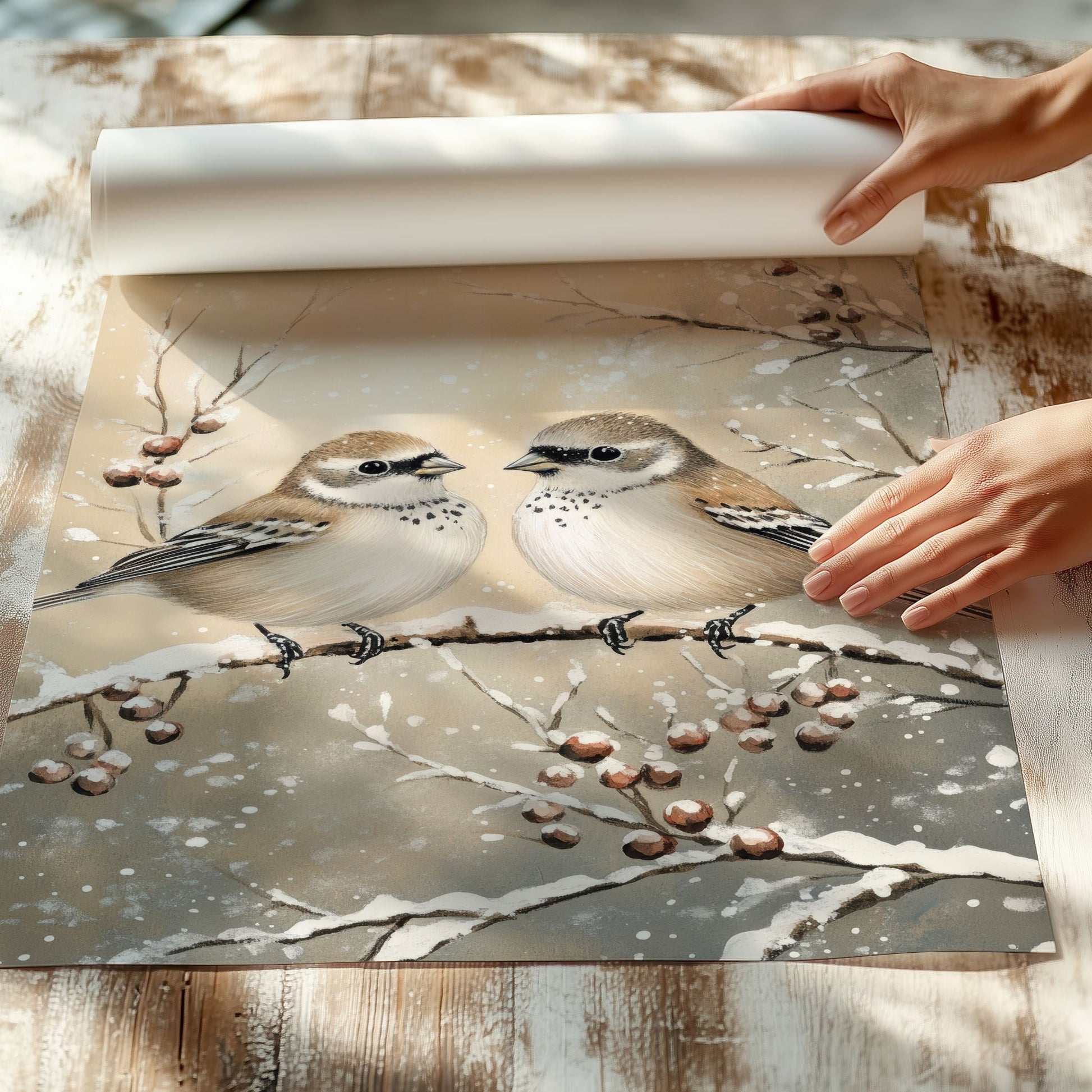 To små fugler sitter på en gren, omgitt av snø og vintergrener. Illustrasjon viser plakat uten hvit kantlinje på print.