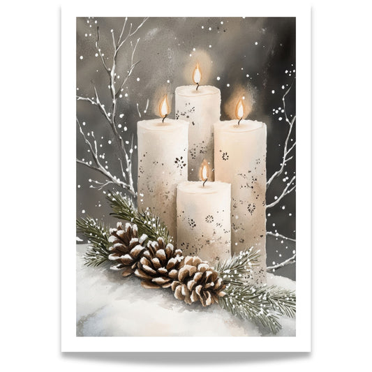 Tre tente kubbelys med snøfnuggmønster, kongler og vintergrener på lys, snødekt bakke.