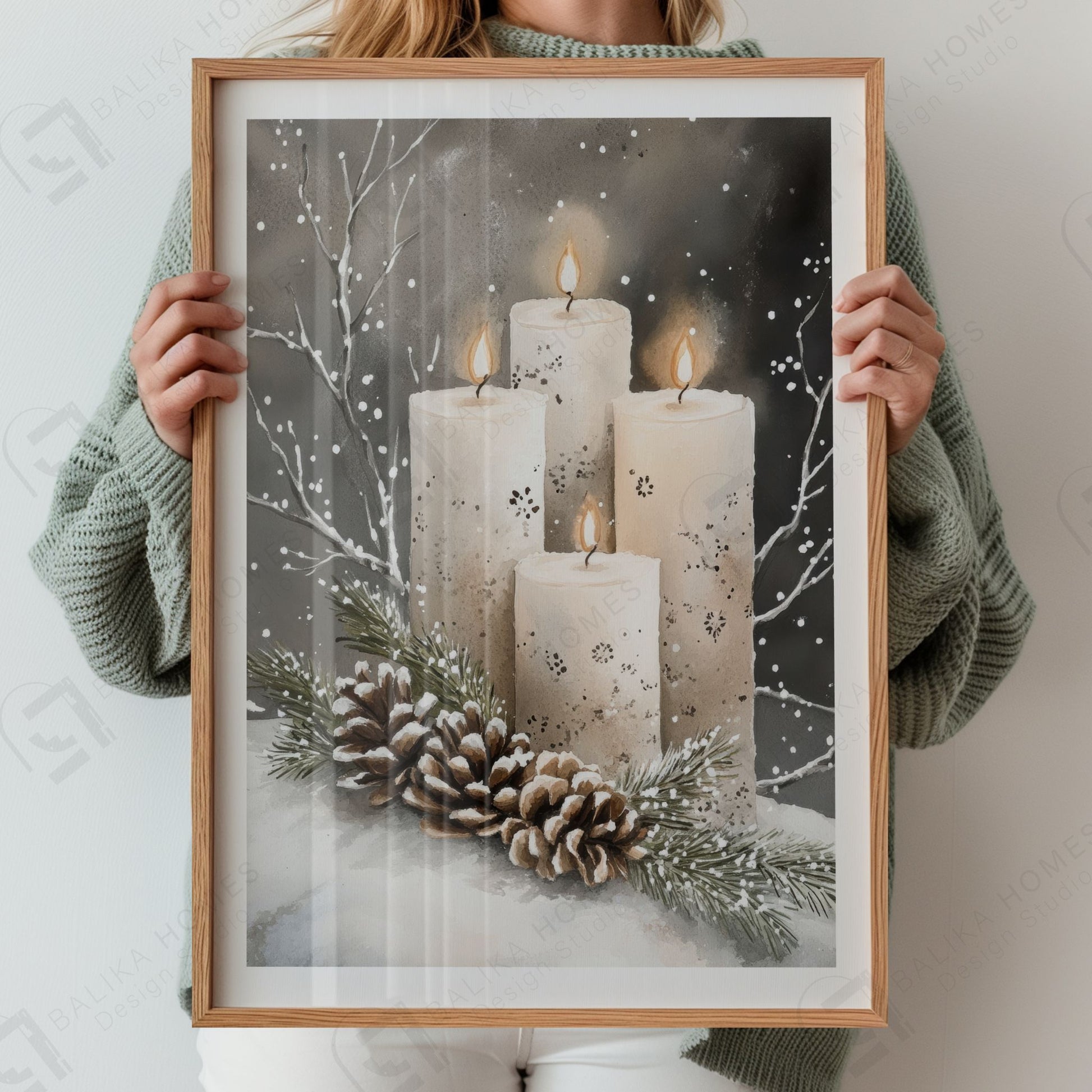 Tre tente kubbelys med snøfnuggmønster, kongler og vintergrener på lys, snødekt bakke. Illustrasjon viser plakat med hvit kantlinje i eik ramme.
