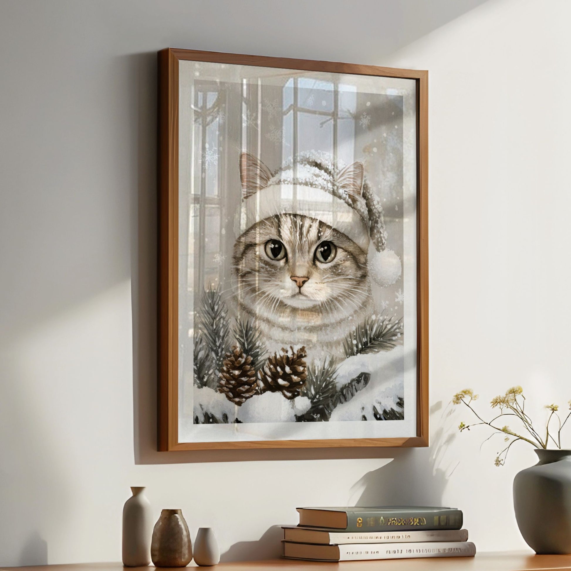 Katt med vinterlue står i snøen, omgitt av granbar og snødekte trær. Illustrasjon viser plakat med hvit kantlinje i eik ramme.