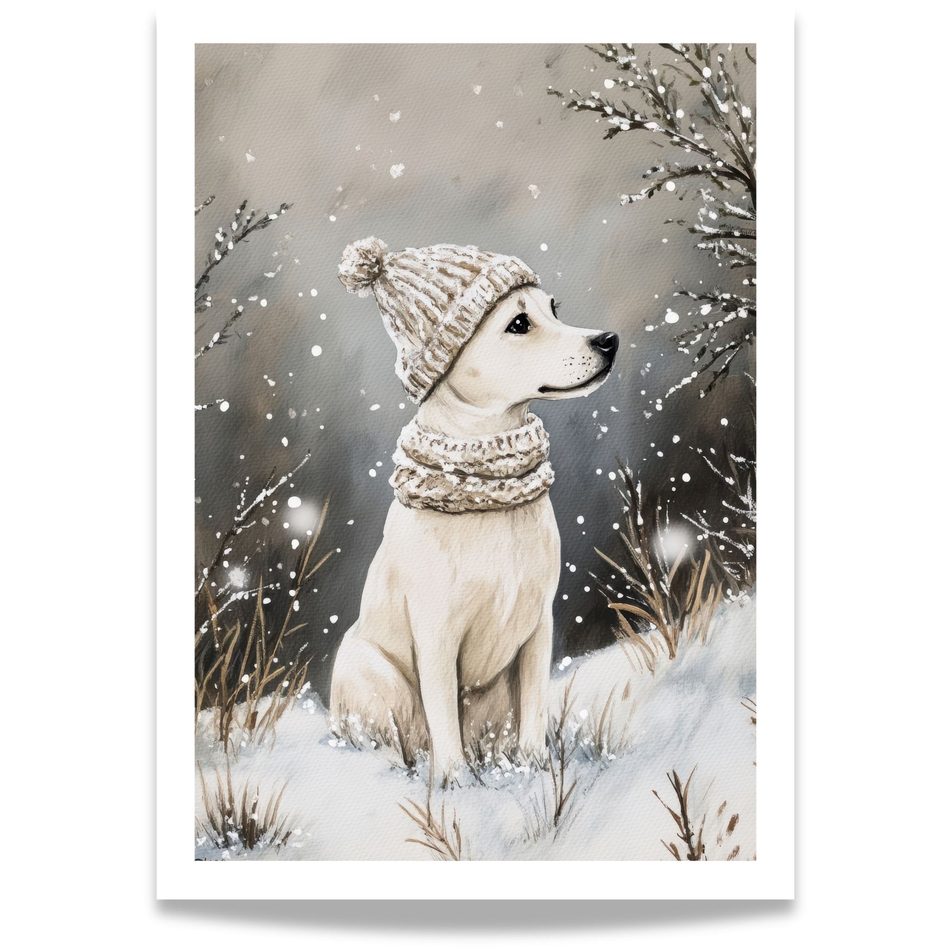 Hund i vinterlue sitter i snøen, omgitt av trær og vintergrener.