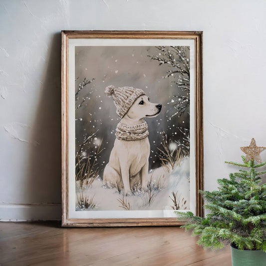 Hund i vinterlue sitter i snøen, omgitt av trær og vintergrener. Illustrasjon viser plakat med hvit kantlinje i eik ramme.