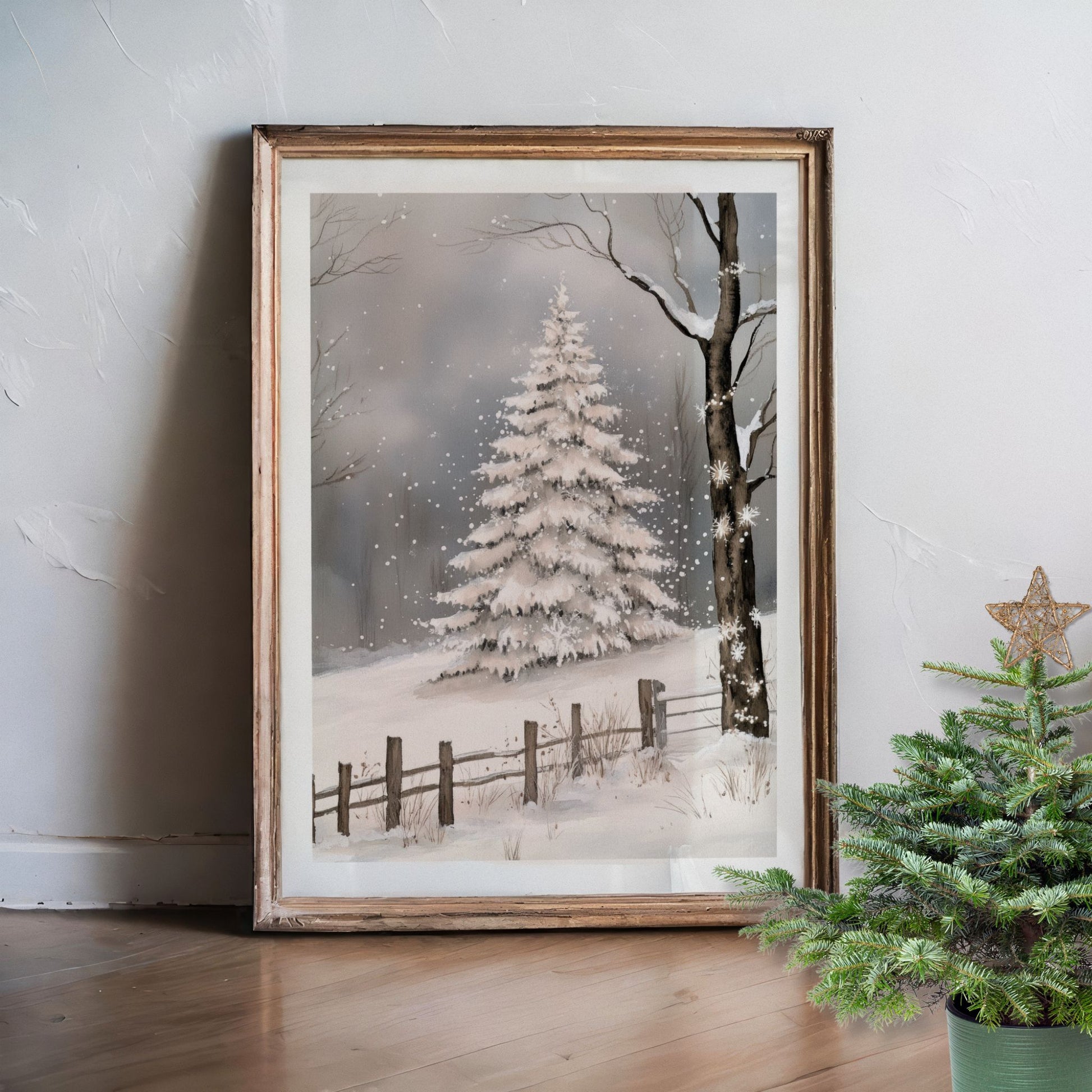 Vintervei med gjerde og et enslig tre, omgitt av snø og vinterlandskap. Illustrasjon viser plakat med hvit kantlinje i eik ramme.