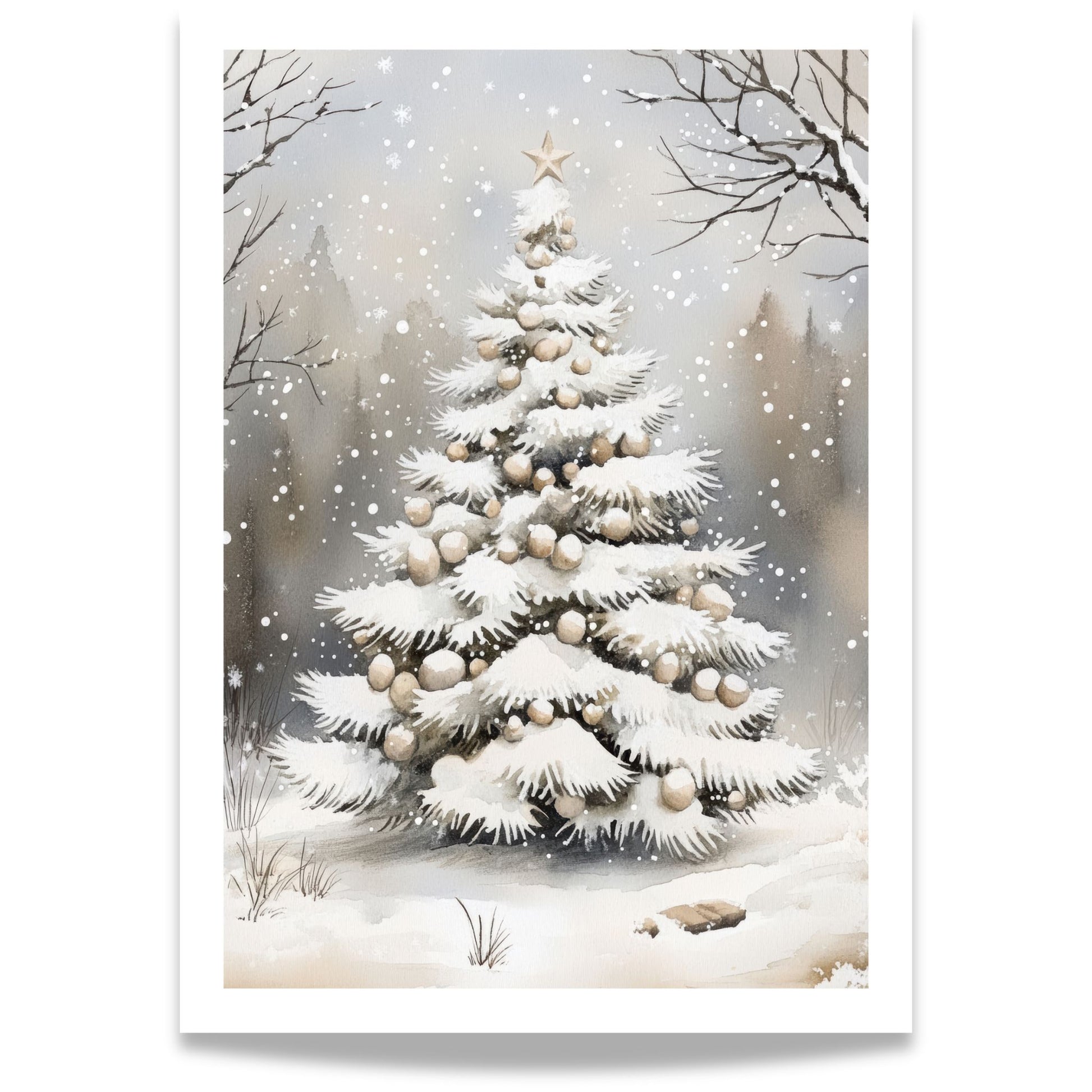 Pyntet juletre i snødekt landskap, med lys og stjerner på treet.