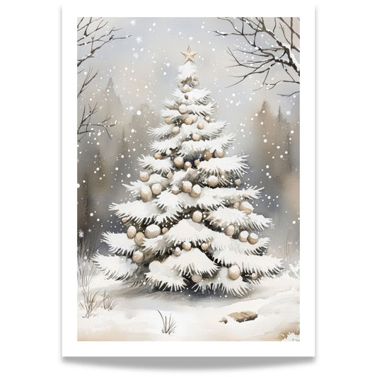 Pyntet juletre i snødekt landskap, med lys og stjerner på treet.