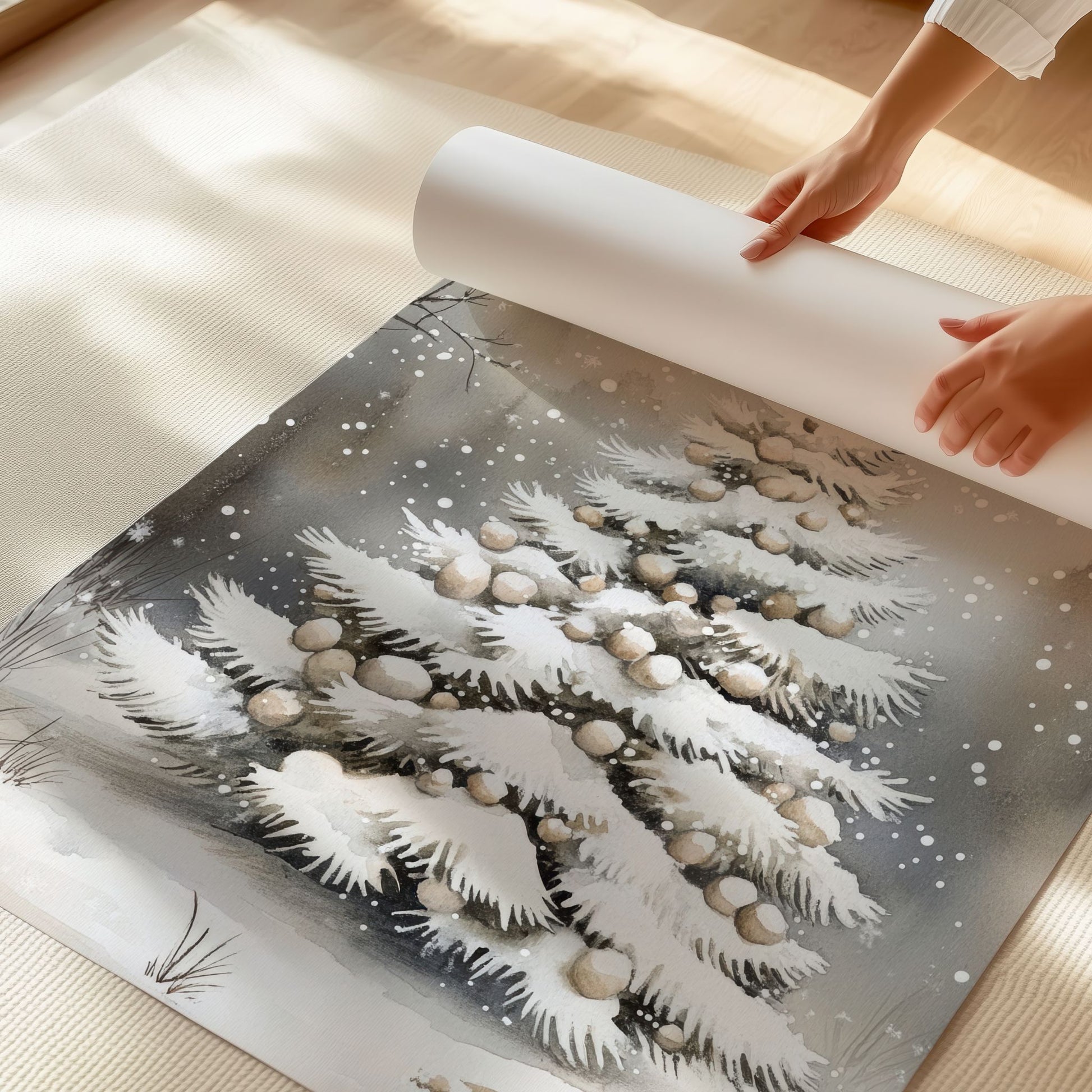 Pyntet juletre i snødekt landskap, med lys og stjerner på treet. Illustrasjon viser plakat uten hvit kantlinje på print.