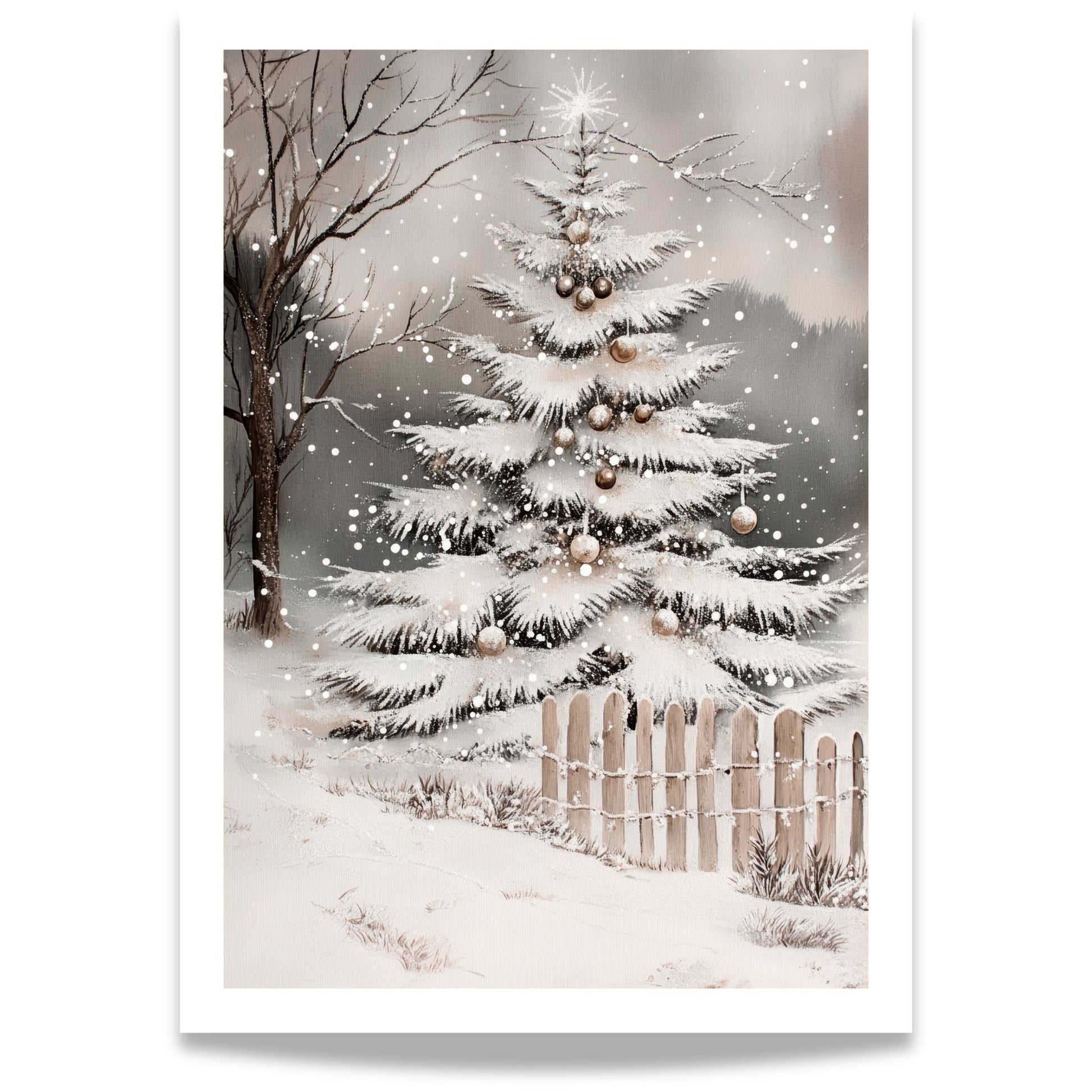 Juletre ved et snødekt gjerde, omgitt av vintergrener og snø.