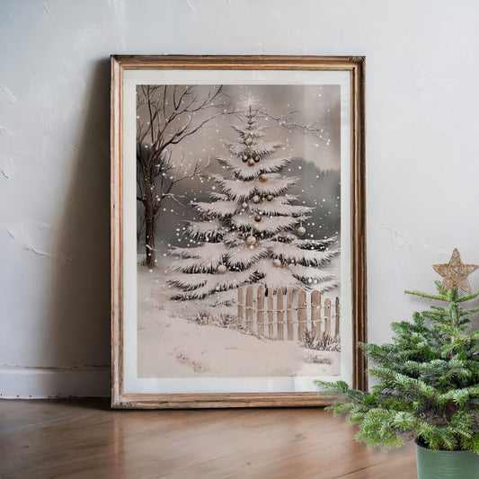 Juletre ved et snødekt gjerde, omgitt av vintergrener og snø. Illustrasjon viser plakat med hvit kantlinje i eik ramme.