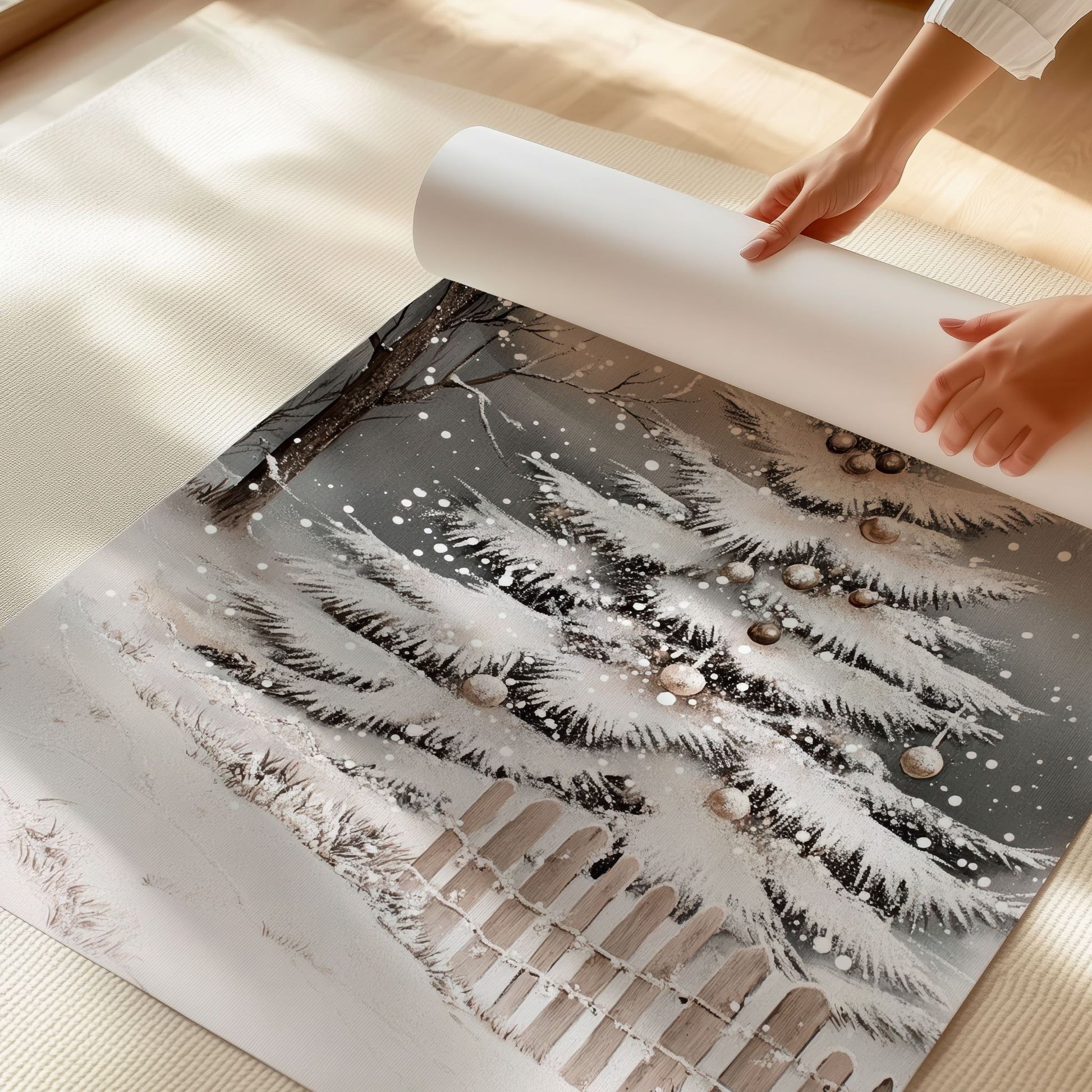 Juletre ved et snødekt gjerde, omgitt av vintergrener og snø. Illustrasjon viser plakat uten hvit kantlinje på print.