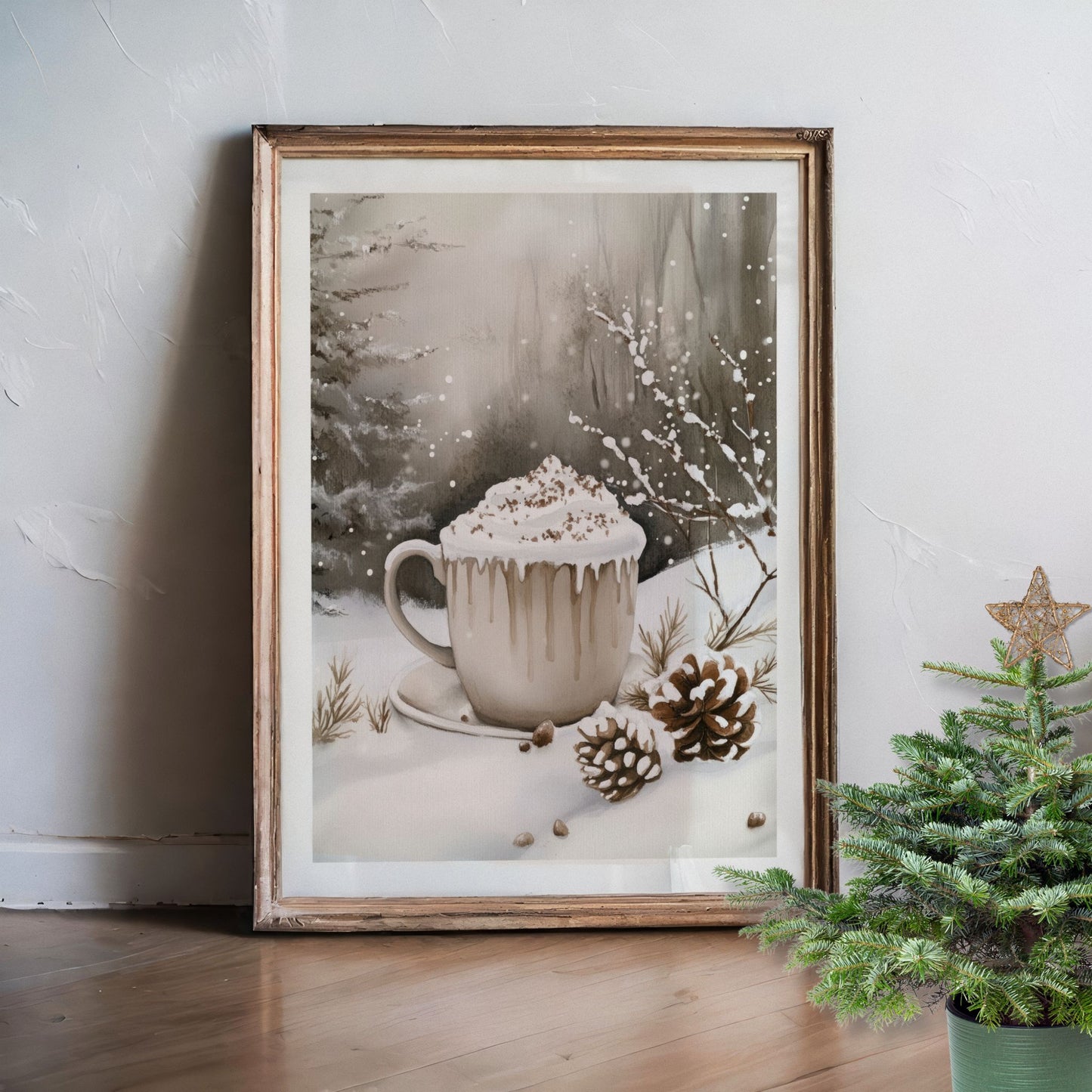 Kopp med varm drikke og kongler på bord i et vinterlandskap med snø. Illustrasjon viser plakat med hvit kantlinje i eik ramme.