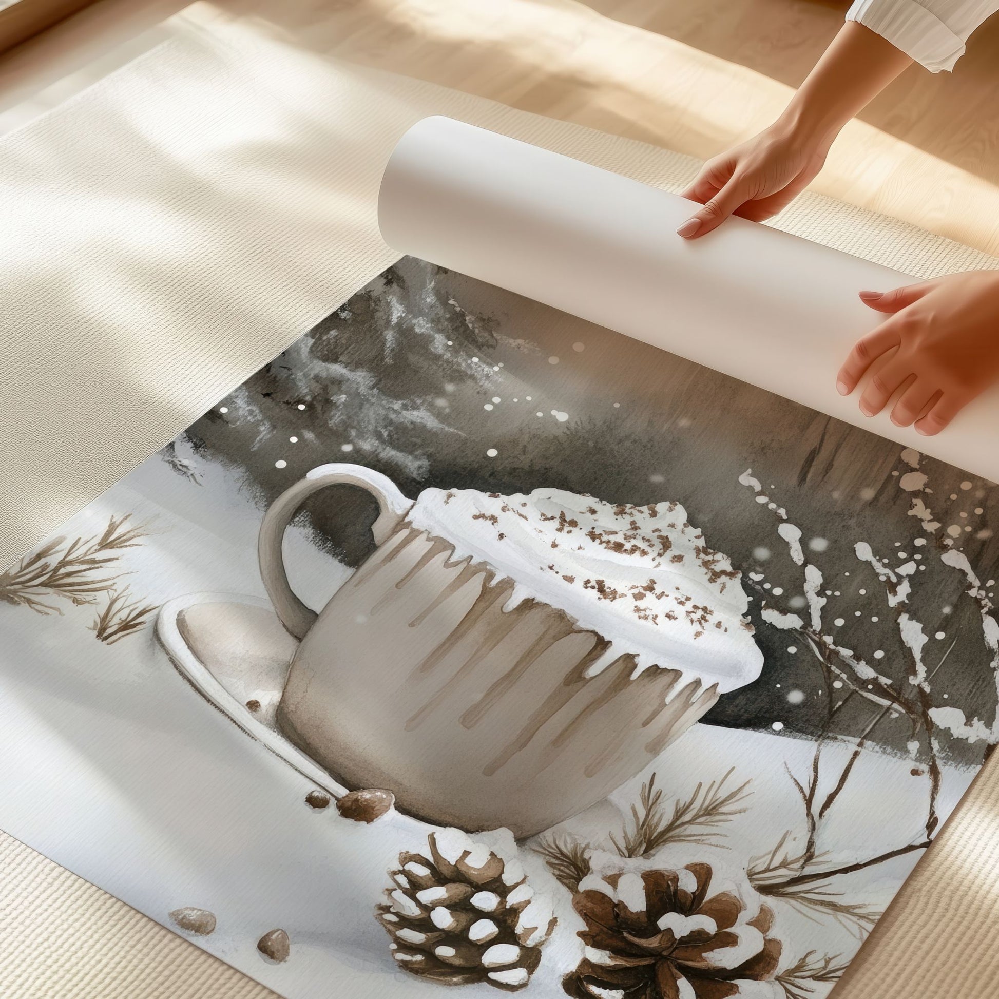 Kopp med varm drikke og kongler på bord i et vinterlandskap med snø. Illustrasjon viser plakat uten hvit kantlinje på print.