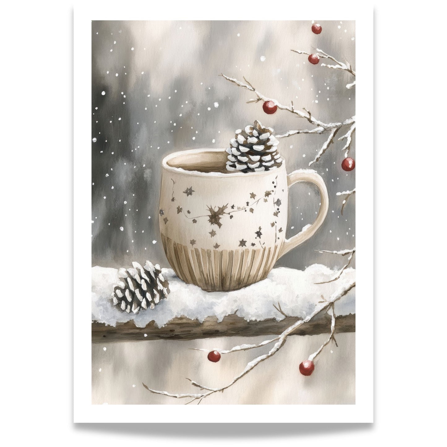 Kopp med krydderte og snø på kanten, omgitt av vintergrener og bær.