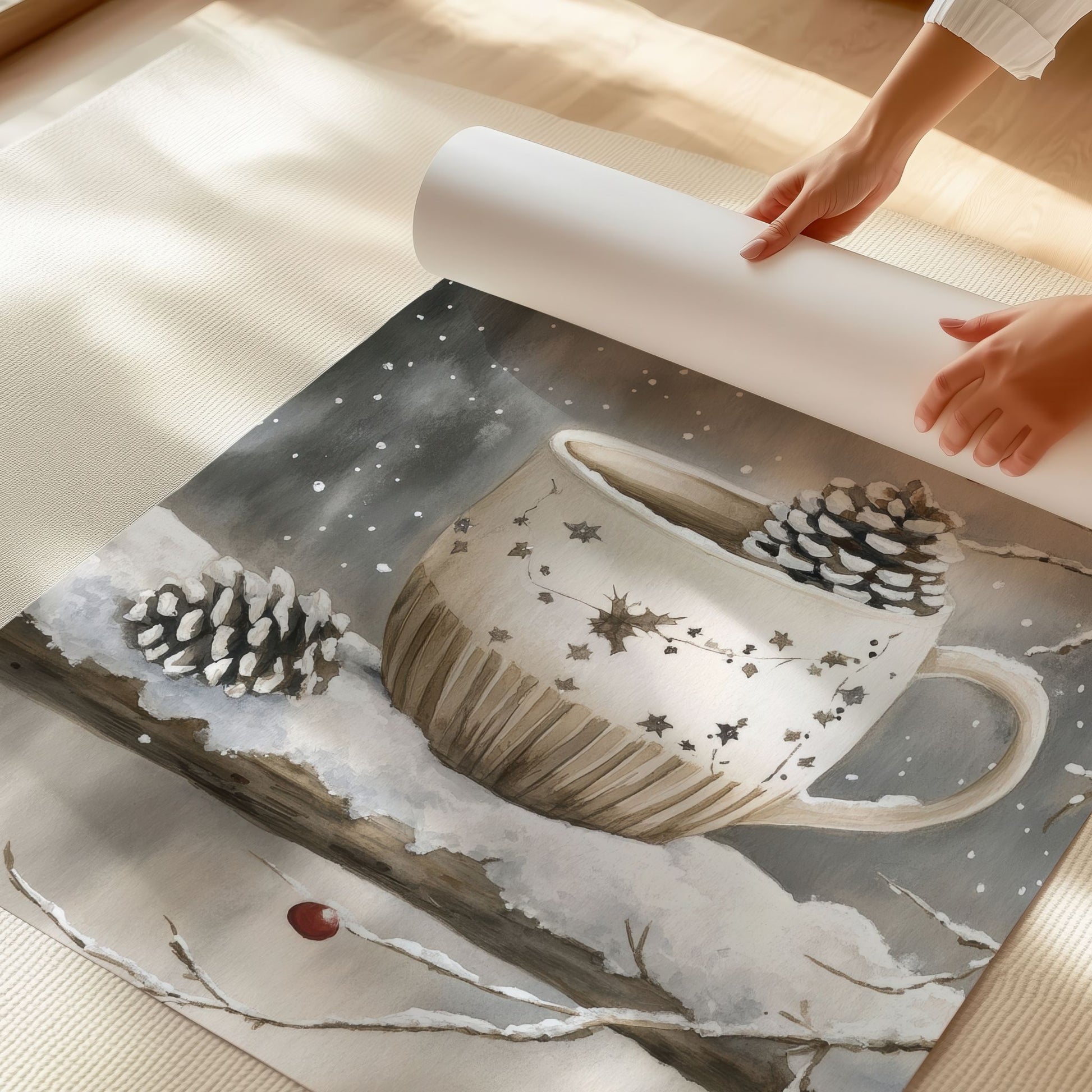 Kopp med krydderte og snø på kanten, omgitt av vintergrener og bær. Illustrasjon viser plakat uten  hvit kantlinje på print.