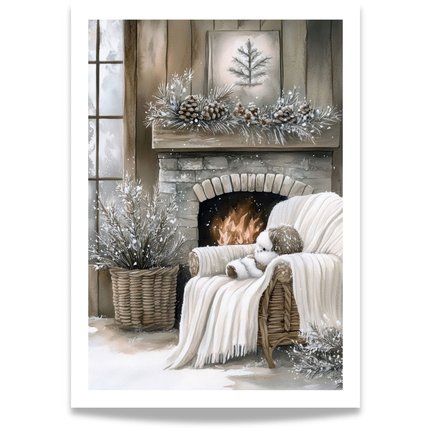 Vinterhjørne med peis, brensel og strikket ullpledd i et koselig rom.