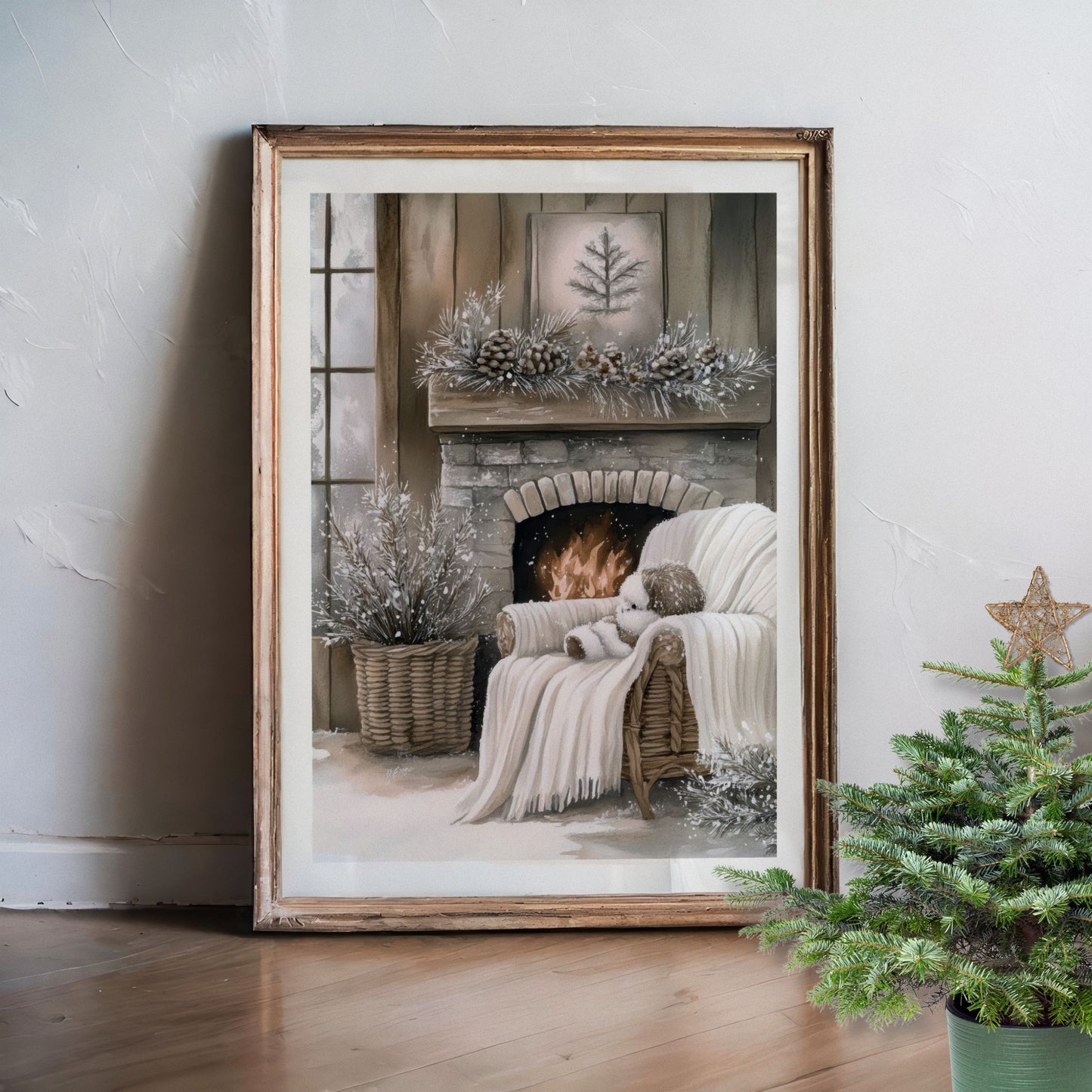 Vinterhjørne med peis, brensel og strikket ullpledd i et koselig rom. Illustrasjon viser plakat med hvit kantlinje i eik ramme.