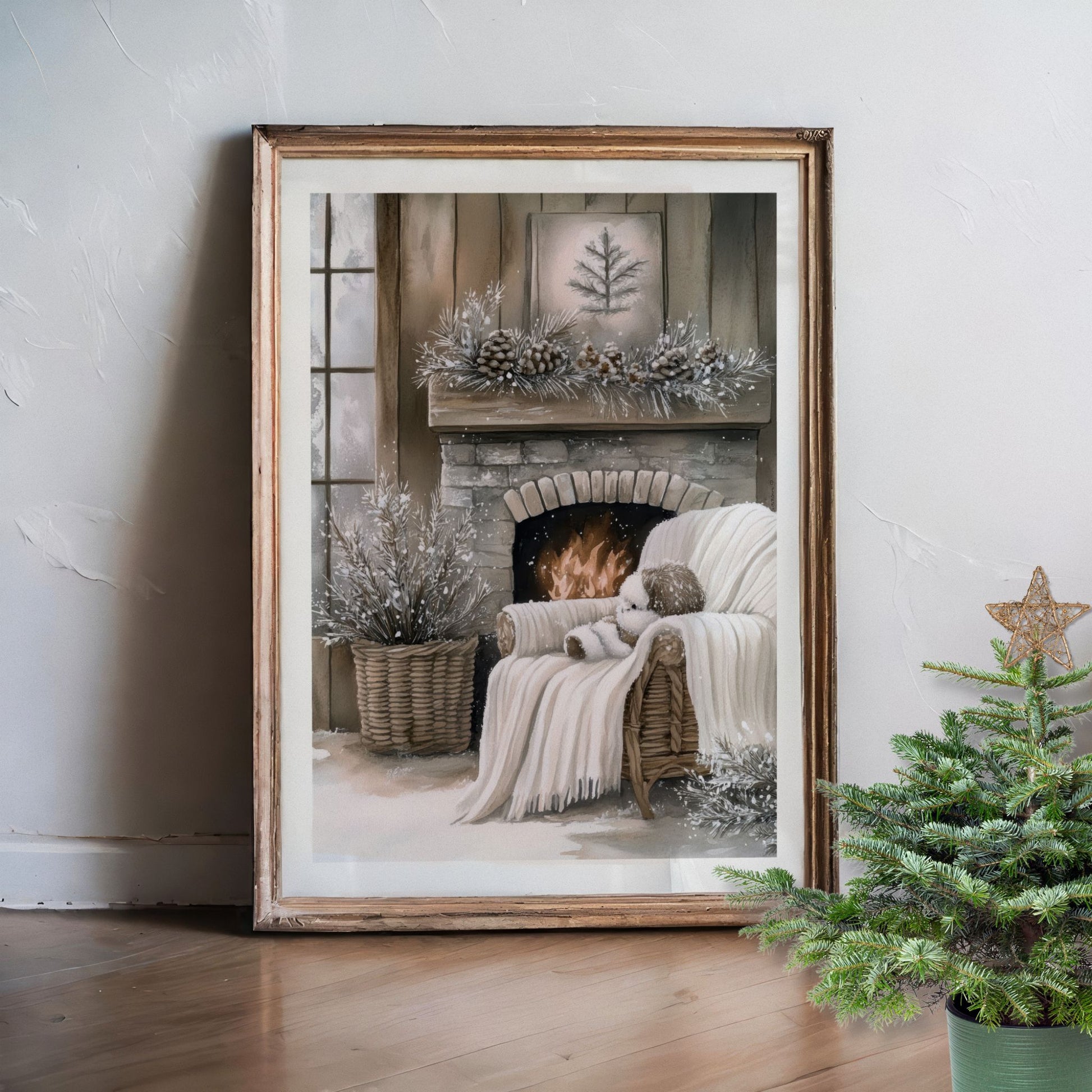 Vinterhjørne med peis, brensel og strikket ullpledd i et koselig rom. Illustrasjon viser plakat med hvit kantlinje i eik ramme.