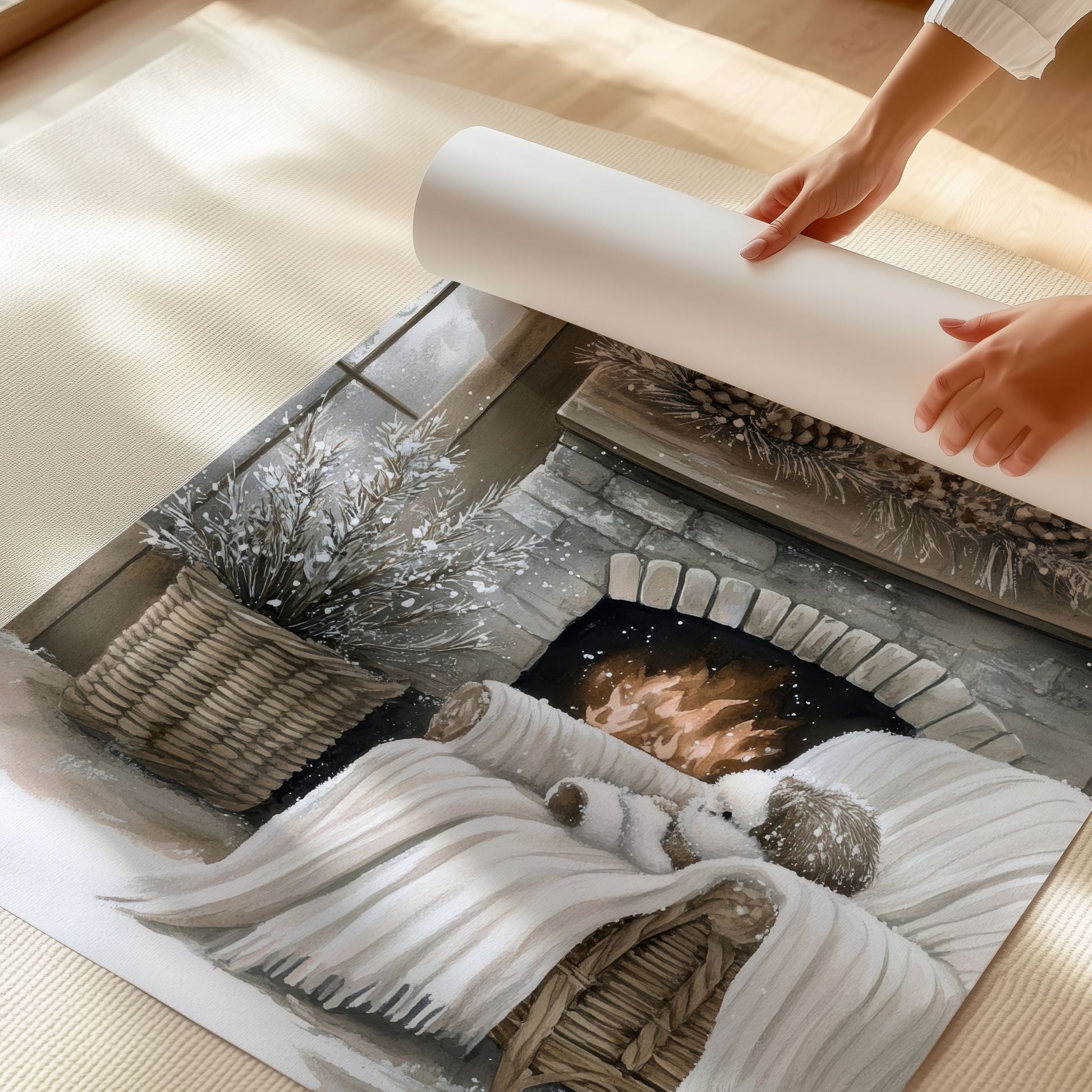 Vinterhjørne med peis, brensel og strikket ullpledd i et koselig rom. Illustrasjon viser plakat uten hvit kantlinje på print.